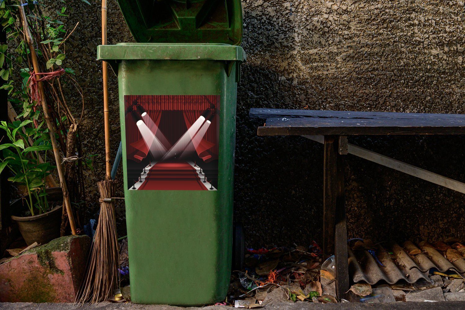 Scheinwerfern in Mülltonne, St), Illustration MuchoWow (1 roten Mülleimer-aufkleber, auf Sticker, Wandsticker Teppich Eine von Container, dem Abfalbehälter Hollywood