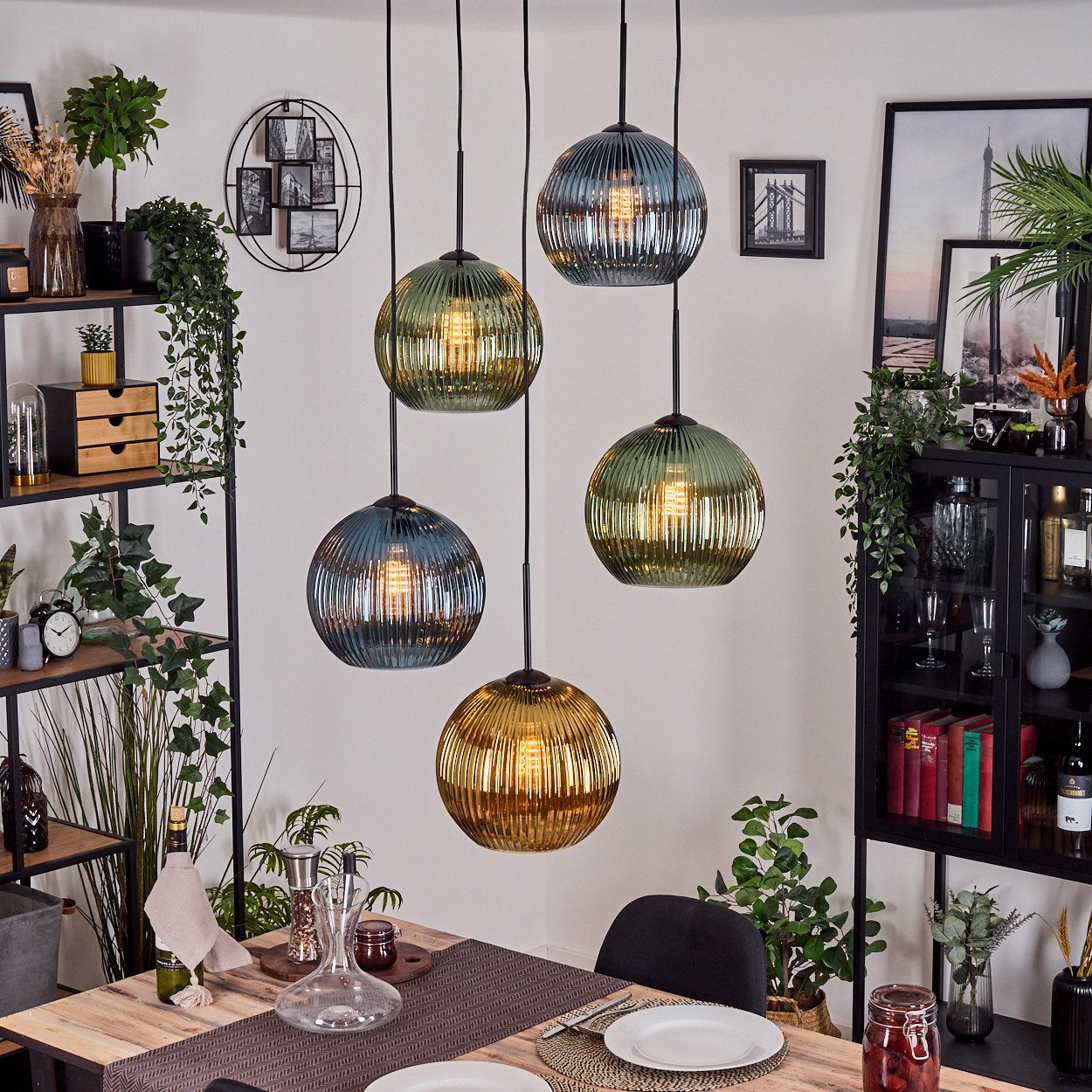 hofstein Hängeleuchte Hängelampe aus Metall/Riffelglas in Schwarz/Grün/Blau/Gold, Hängeleuchte im modernen Retro/Vintage-Design (25 cm), 5 x E27