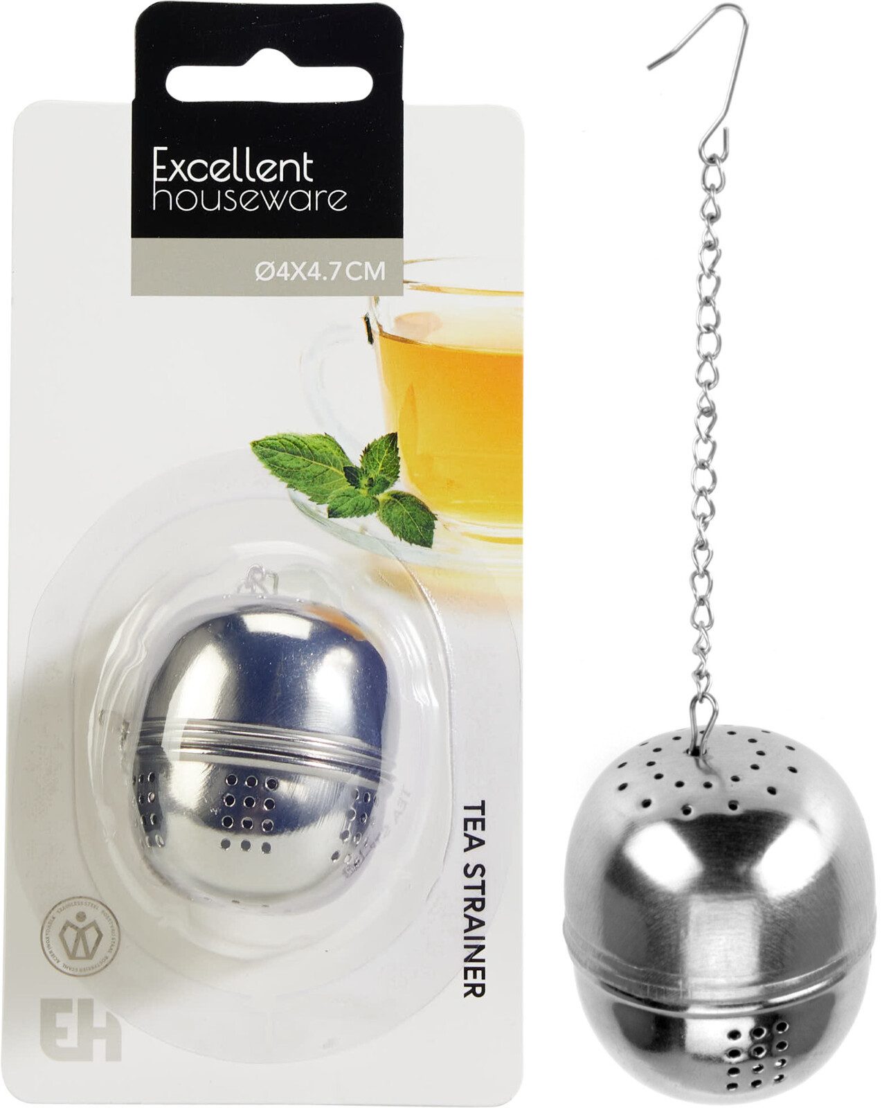 Koopman Teesieb Tee-Ei Teekugel Teefilter Edelstahl Silber Ø 4cm 2er Set, Edelstahl, (Set, 2-St., Packung), Rostfrei, Sieb, Edelstahl, mit Kette und Haken – Bild 4 von 4