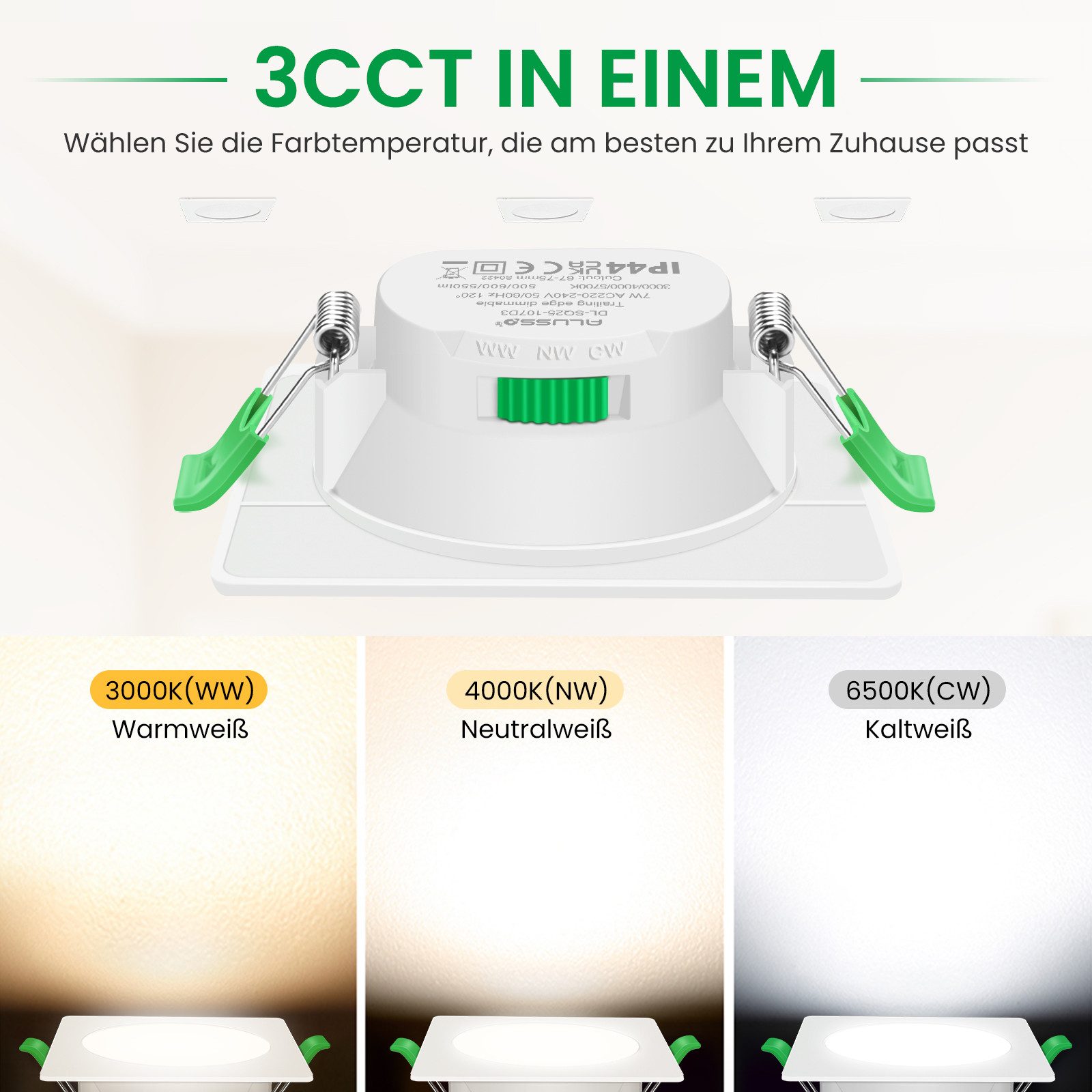 ALUSSO LED Einbaustrahler 6er-Set, 7W Decken Leuchte, 68mm Flach Strahler Dimmbar Spot, Helligkeit von 10 % bis 100 %, Quadrat, Weiß
