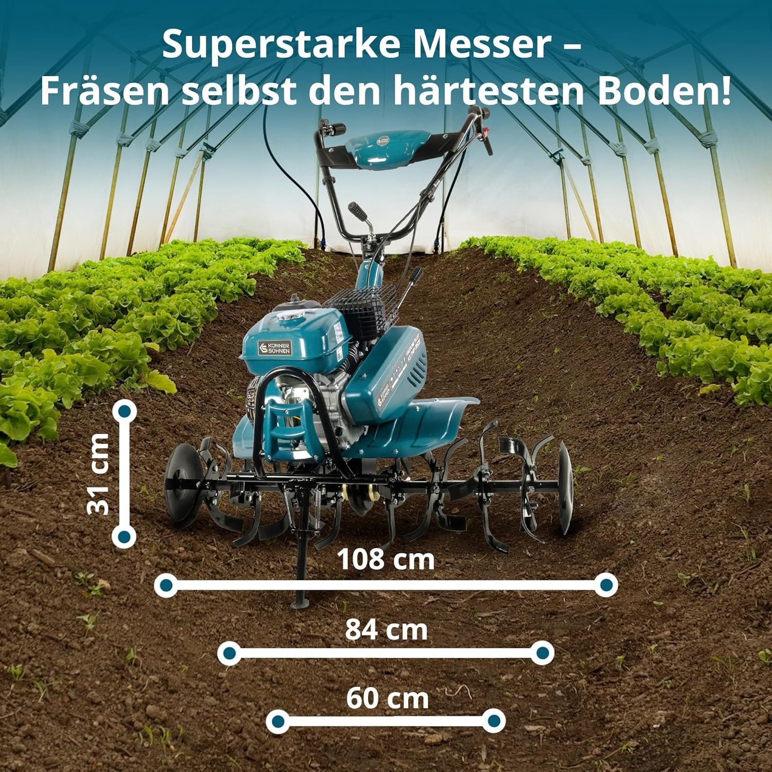 Könner & Söhnen Benzinmotorhacke KS 7HP-950S, geschmiedete Säbelfräsen, 2 Vorwärtsgänge, Rückwärtsgang, 108 cm Arbeitsbreite, ≤ 31 cm Arbeitstiefe,7.0 PS Kultivator, Benzin-Bodenhacke