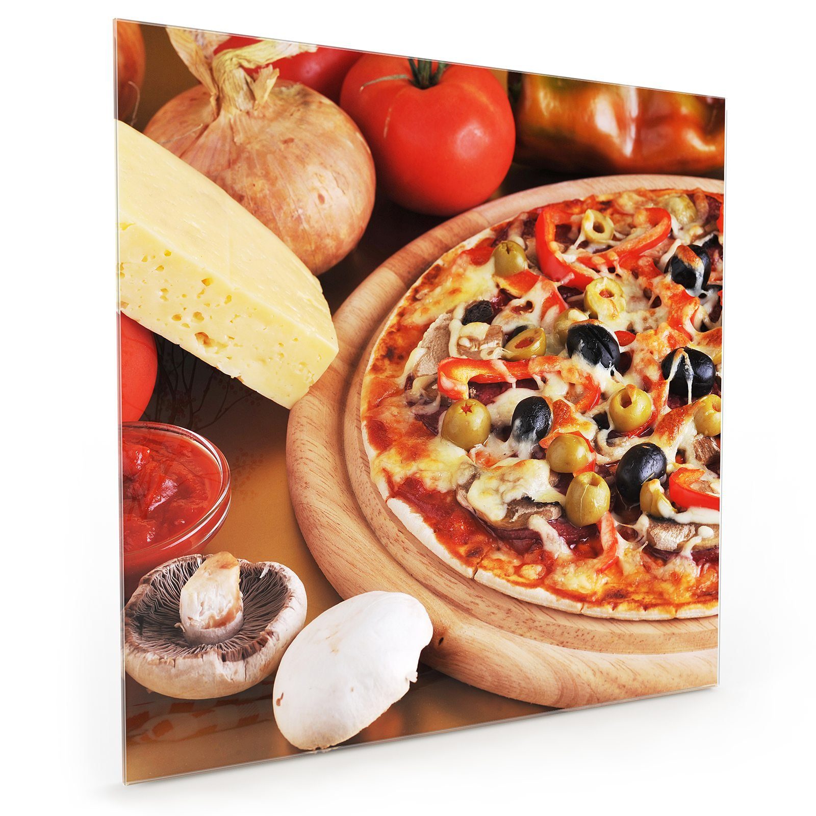 Primedeco Küchenrückwand Spritzschutz Glas Pizza und Gemüse
