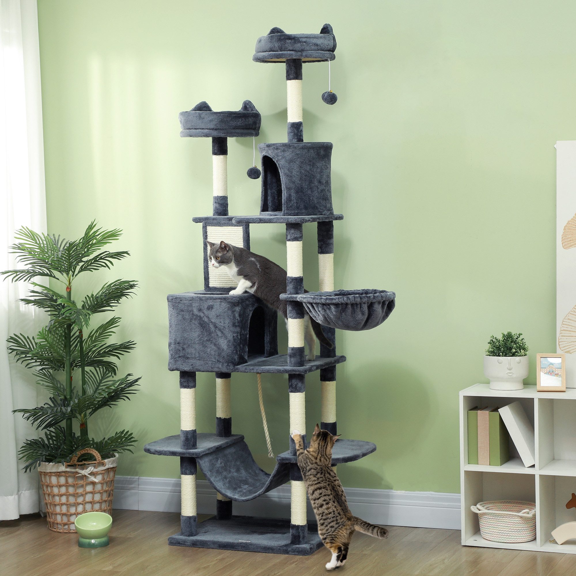 PawHut Kratzbaum 206 cm, mit Höhle, 2 Spielballen, Sisalstämme, Plattform, mehrstöckig, für große Katzen, Dunkelgrau