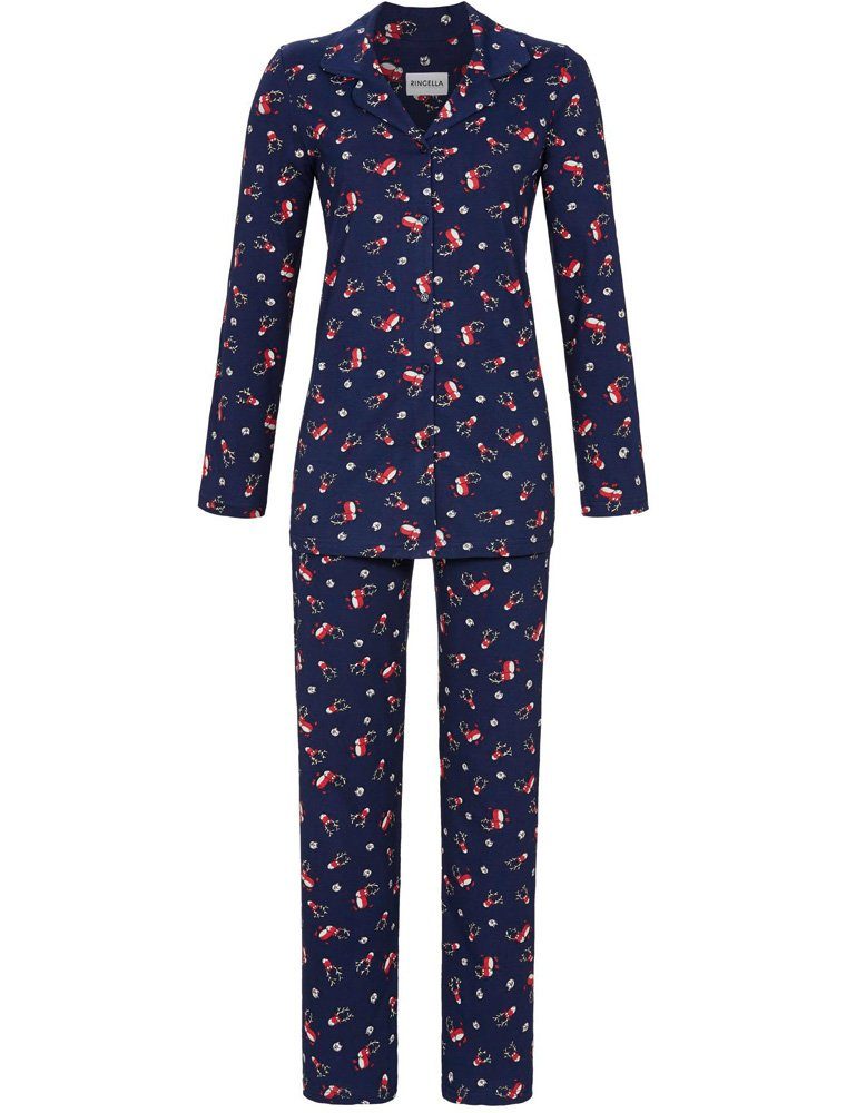 Ringella Pyjama »Damen Schlafanzug mit Knopfleiste und Elch Printmotiv,  1511242 - Marine - Nachtwäsche Weihnachten«