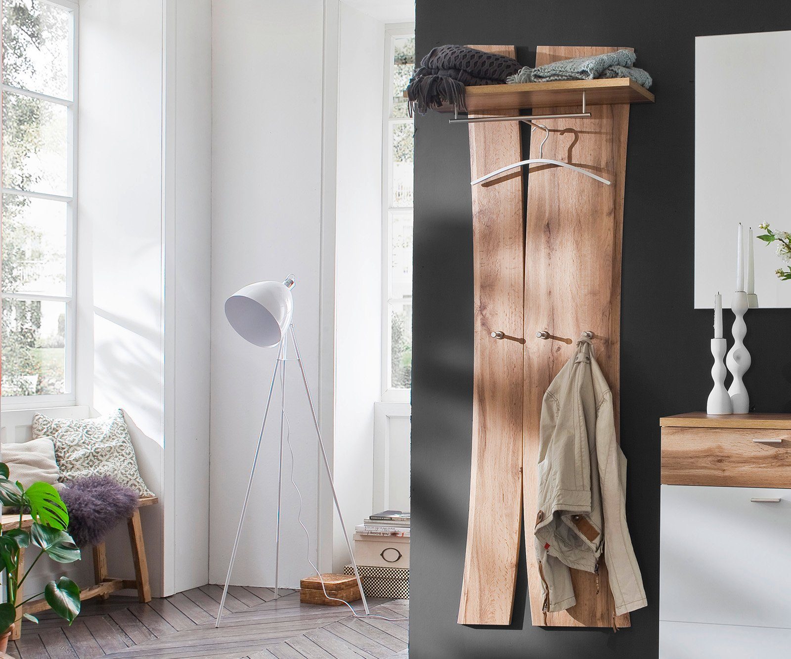 DELIFE Wandregal »Ula«, Eiche Optik 180x70 cm Holz Ablage mit Haken  Kleiderstange