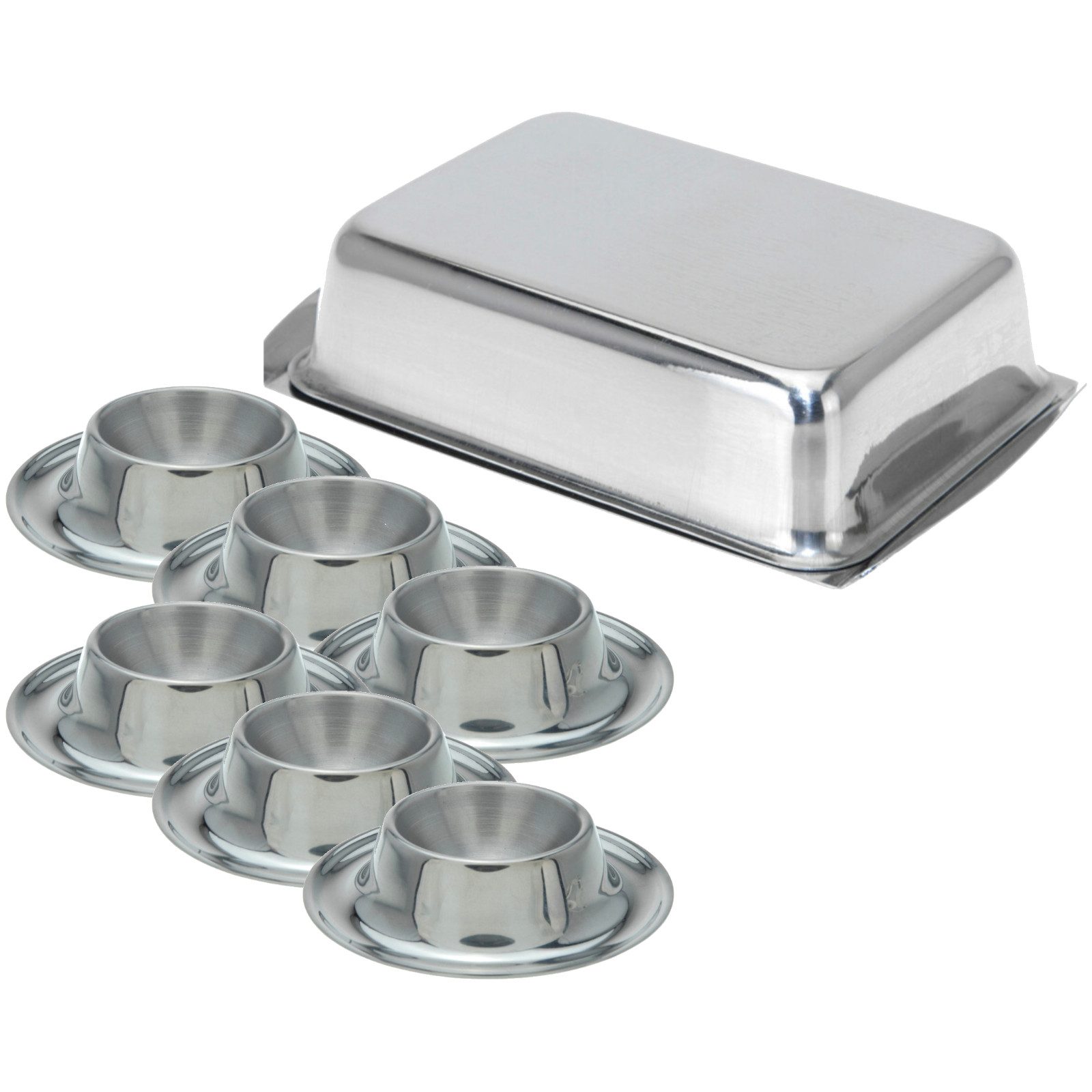Koopman Frühstücks-Set Butterdose Eierbecher Butterbehälter Eier Butter Set Edelstahl 7tlg (7-tlg), 7-teilig, Dose mit Deckel, Edelstahl, stapelbar, Ø 8cm