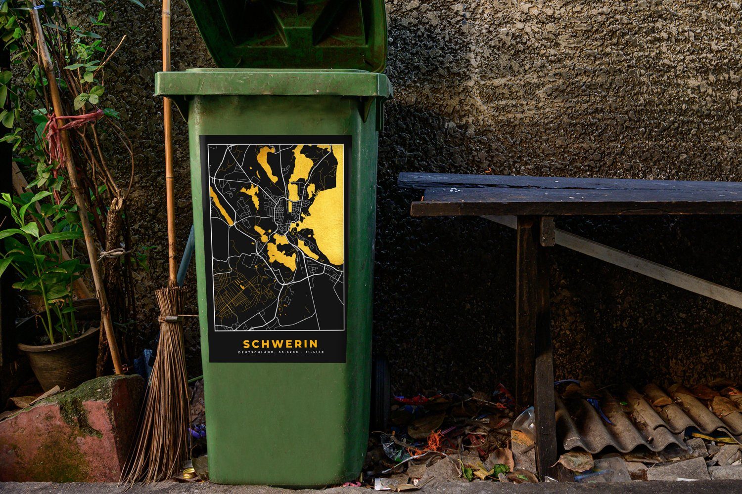 St), Abfalbehälter Mülleimer-aufkleber, Mülltonne, Container, - MuchoWow Stadtplan Schwerin Gold (1 - Sticker, Deutschland - Karte Wandsticker -
