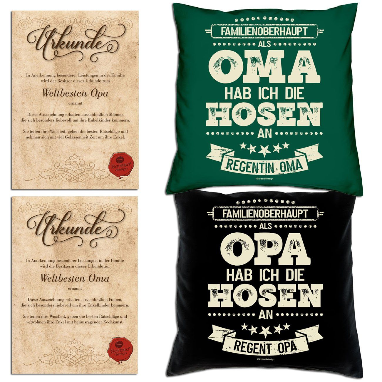 Soreso® Dekokissen Kissen-Set hab Als & Hosen hab Mitbringsel die Oma an dunkelgrün Geschenke Als mit Opa ich Oma Urkunden, Hosen an ich Opa die Geschenk