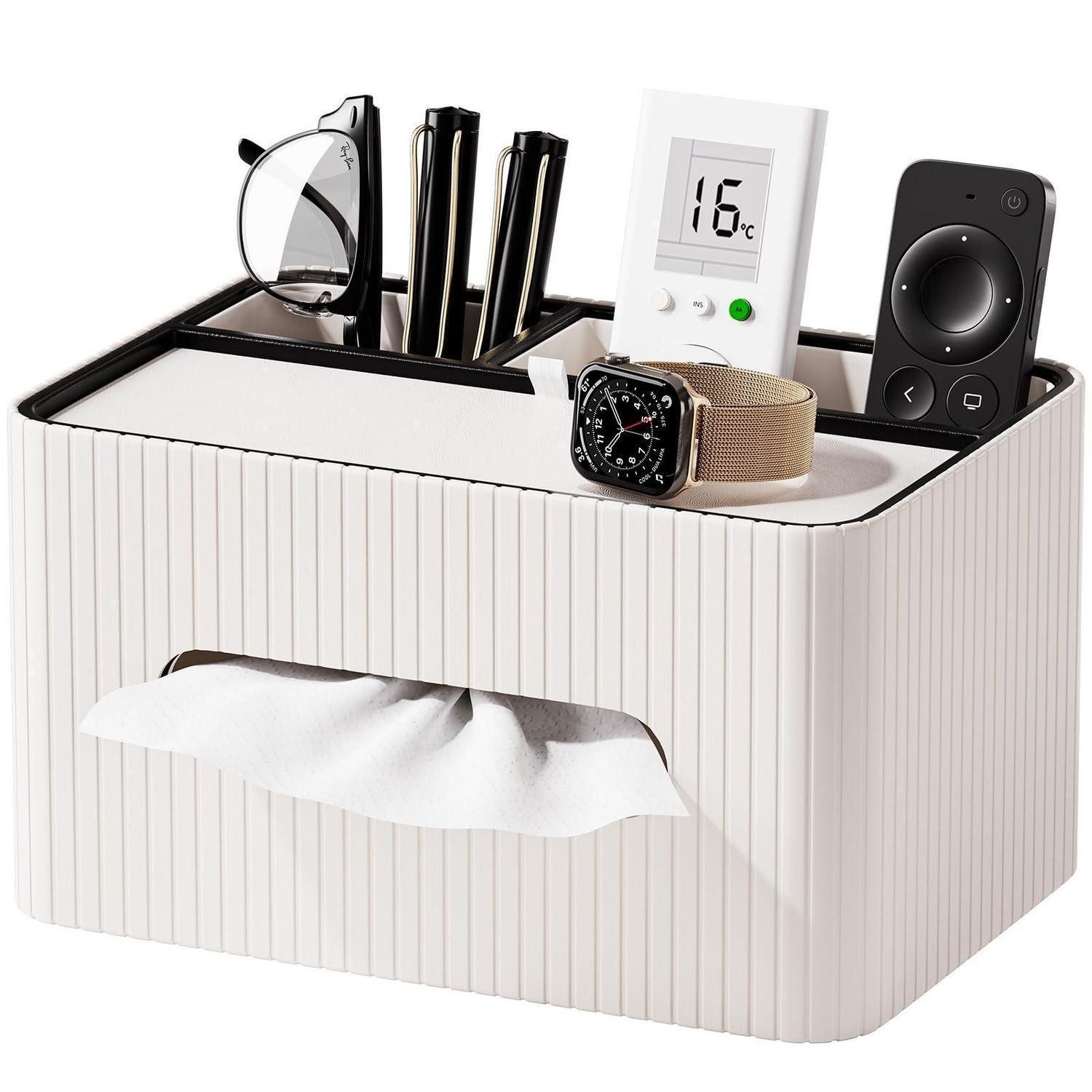 LuxusKollektion Papiertuchbox Kosmetiktücherbox Kunstleder mit Ablage Weiß