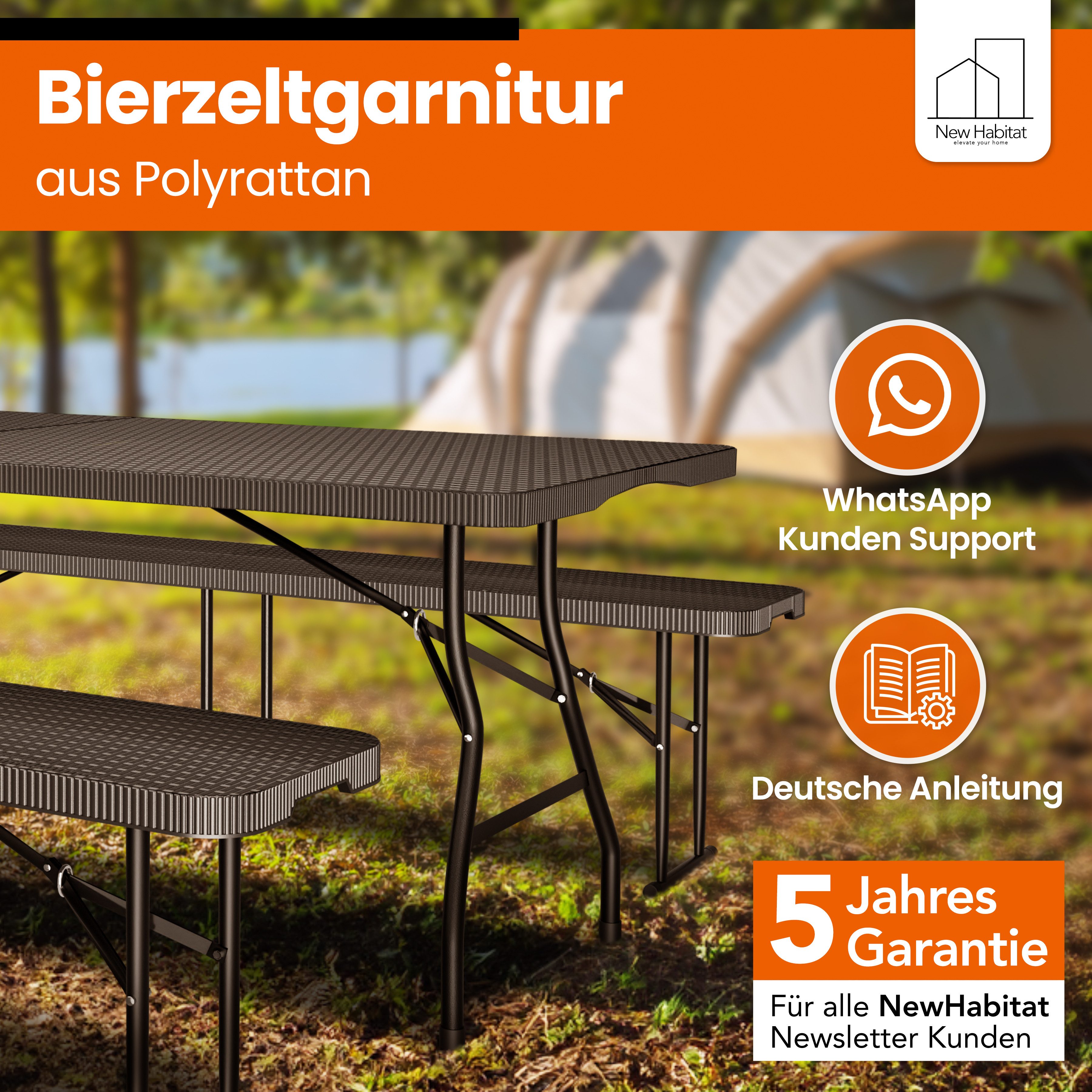 NewHabitat Bierzeltgarnitur Klappbar, Polyrattan Bierbank, Biertisch Set, Bierbankgarnitur, (3er Set, 1 Tisch, 2 Bänke), Klappbar & Wasserabweisend