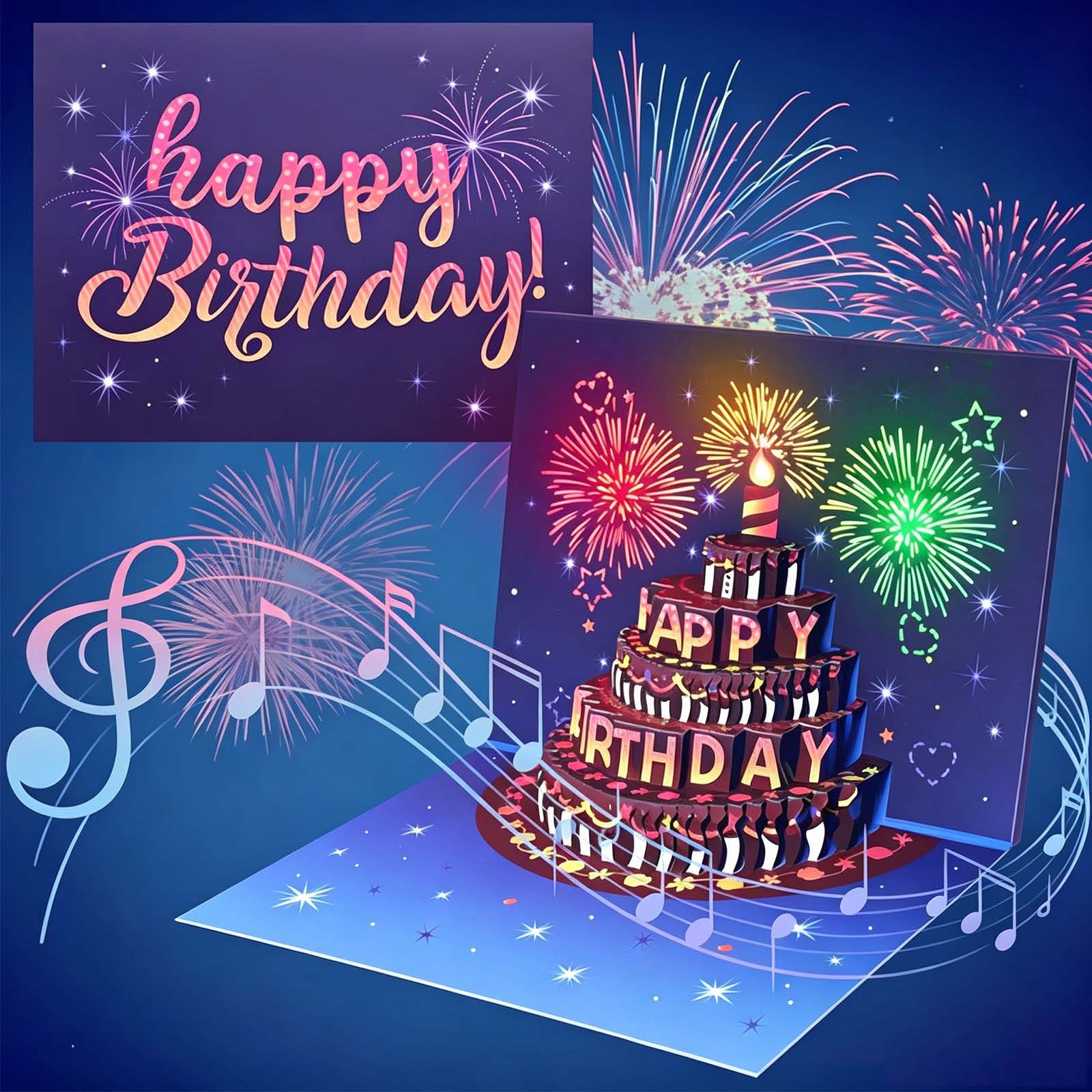 MOPUEA Geburtstagskarte Geburtstagskarte 3D-Pop-Up-Feuerwerk Kuchen variable Lichter und Musik, Verstellbar ergonomisch atmungsaktiv stabil für kleine bis große Hunde