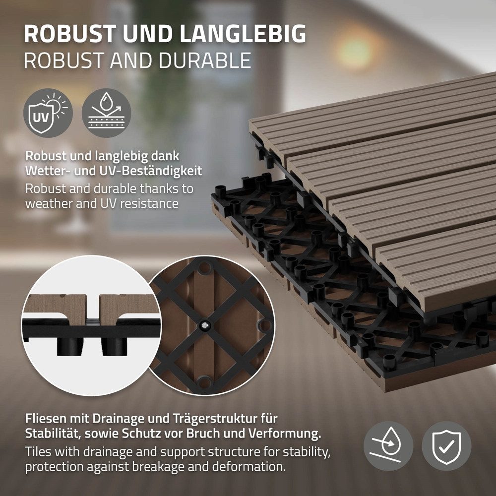 ECD Germany Terrassendielen WPC Bodenplatte Terrassenfliesen Fliesen mit Drainage und Klicksystem, BxL: je 30x60 cm, 22 mm Stärke, Bodenbelag 1m²/6 Stück Dunkelbraun rutschfest Balkonfliesen
