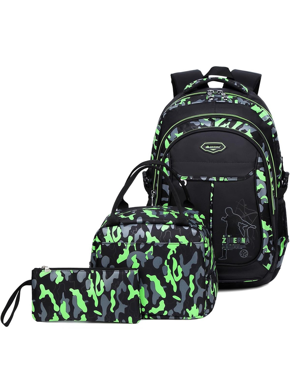 MOPUEA Schulrucksack Schulrucksack-Set Jungen Teenager coole Camouflage-Büchertaschen, mit Lunchbox, Federmäppchen, 3-teilig