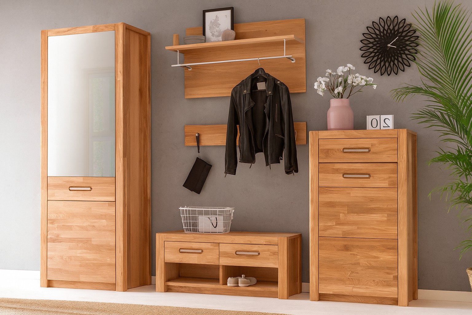 bv-vertrieb Garderoben-Set Flurgarderobe Wildeiche Garderobenset Spiegelschrank Wandpaneel #4055