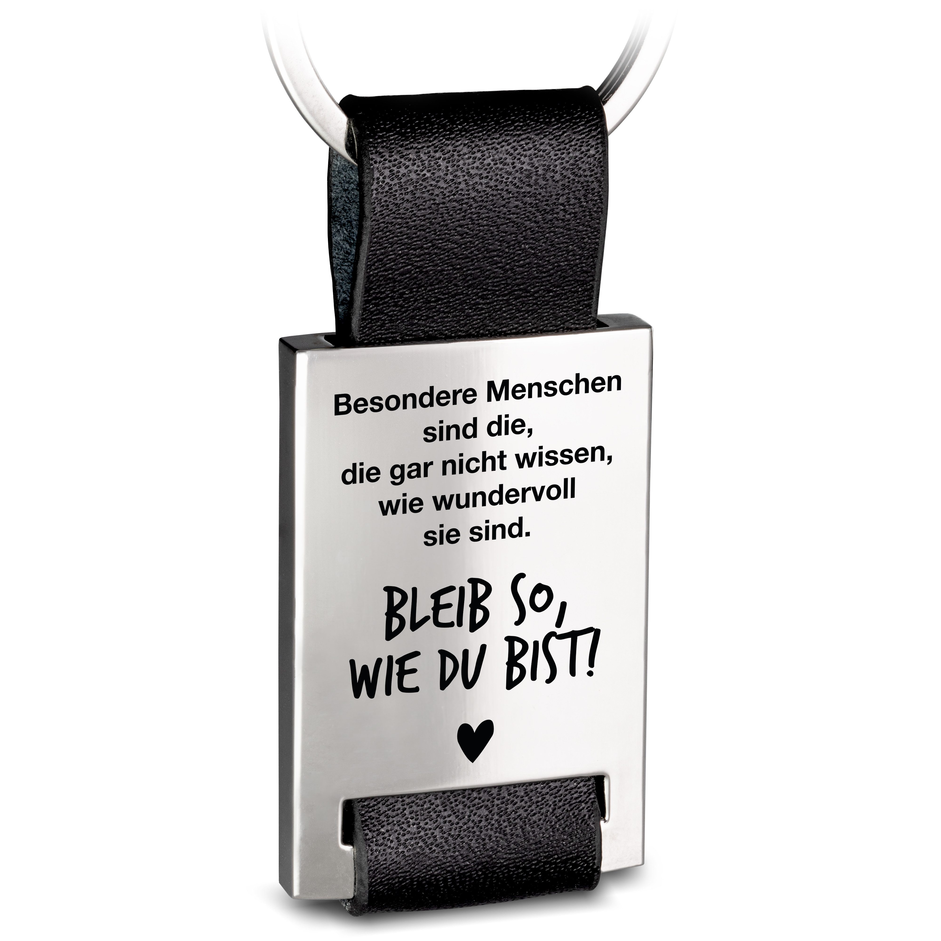 Schlüsselanhänger Rectangle aus Metall und Leder mit Gravur "Bleib so wie du bist"