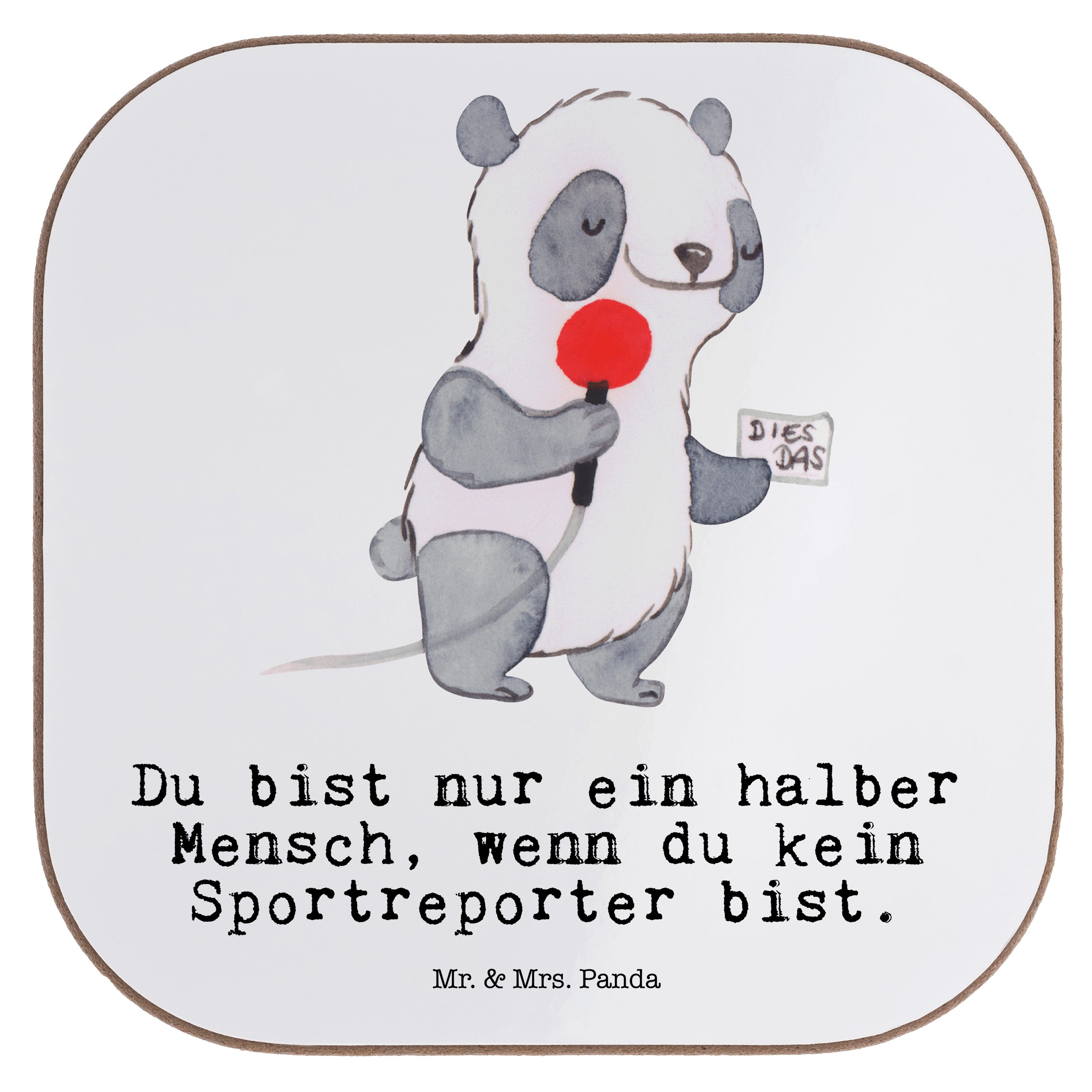 Mr. & Mrs. Panda Getränkeuntersetzer Sportreporter mit Herz - Weiß - Geschenk, Arbeitskollege, Mitarbeiter, 1-tlg.