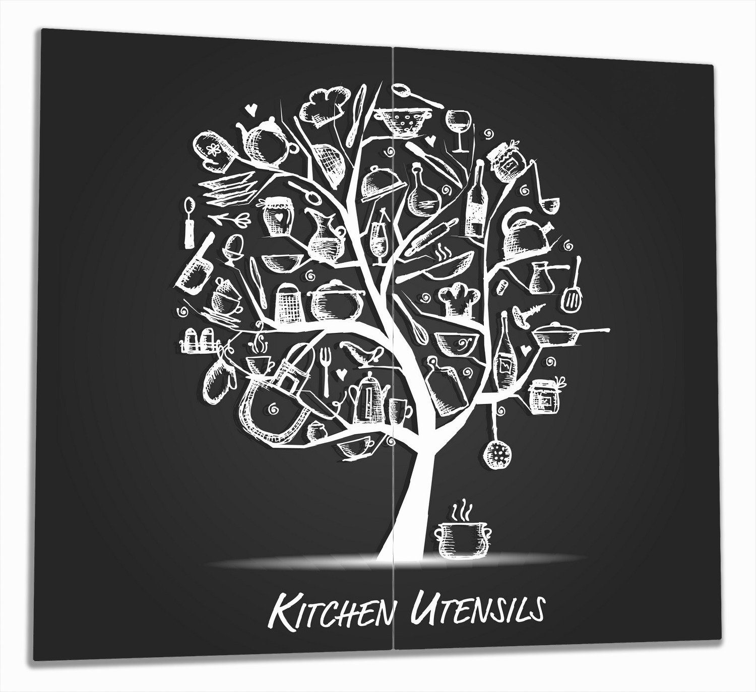 Wallario Herd-Abdeckplatte Kitchen Utensils - Baum aus Küchenutensilien in schwarz weiß, ESG-Sicherheitsglas, (Glasplatte, 2 tlg., inkl. 5mm Noppen), verschiedene Größen