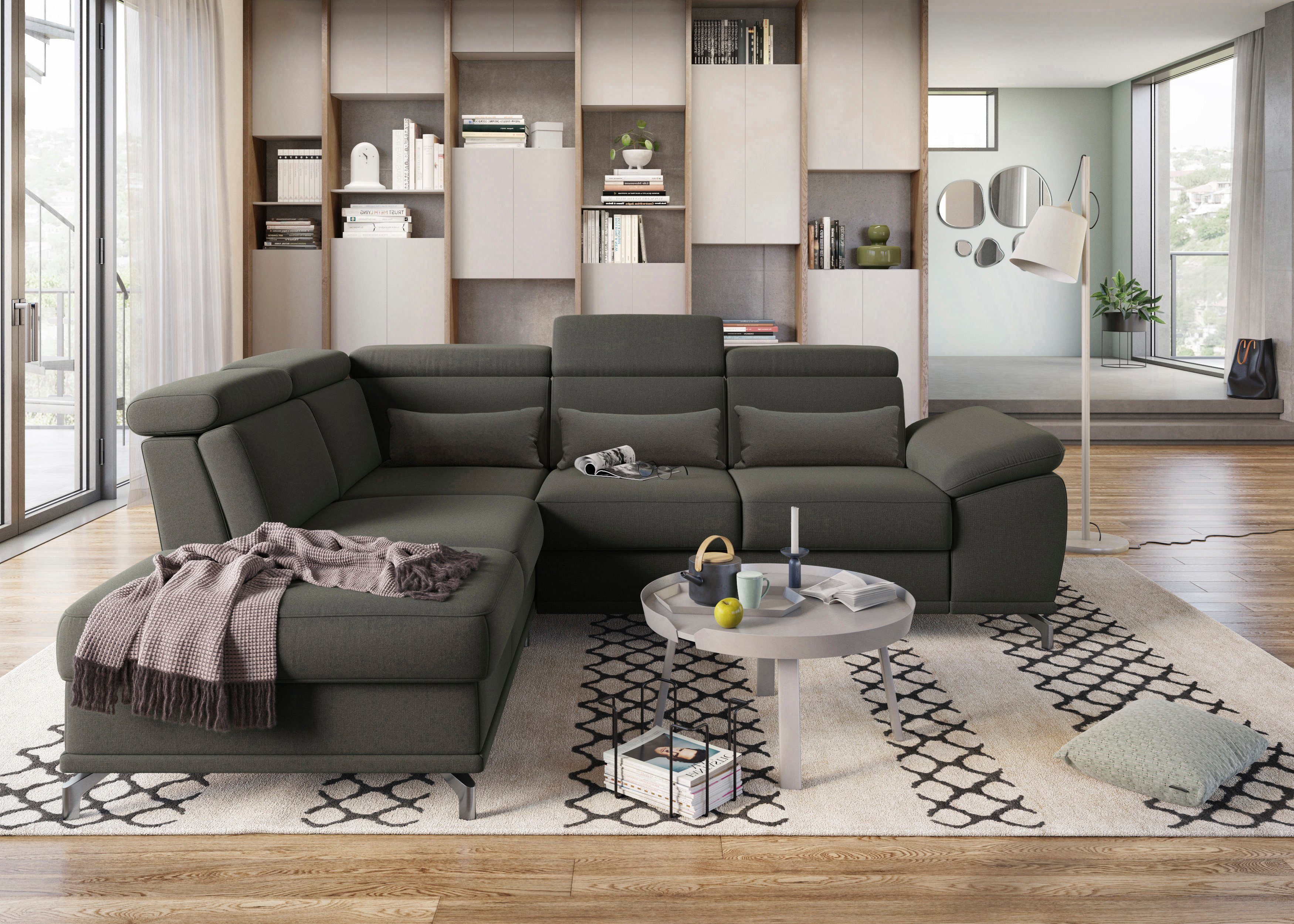 sit&more Ecksofa Cabrio L-Form, B: 274 cm, mit Sitztiefen-, Arm- & Kopfteilverstellung, 3 Nierenkissen, Federkern, optional Schlaffunktion und Stauraum