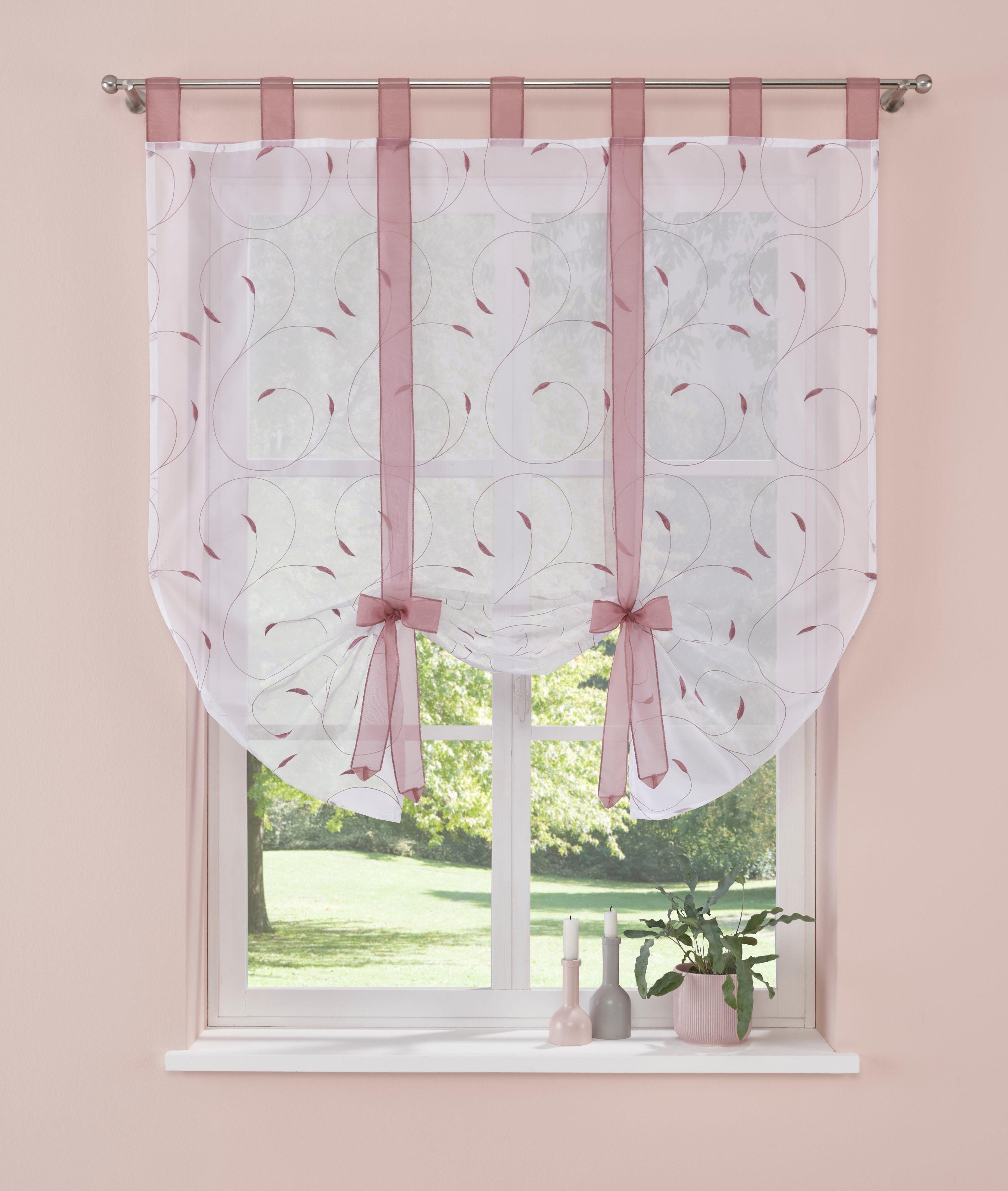 Bändchenrollo Clara, Schlaufen, Schlaufen, Polyester, home, weiß/rosa my transparent, Stickerei mit