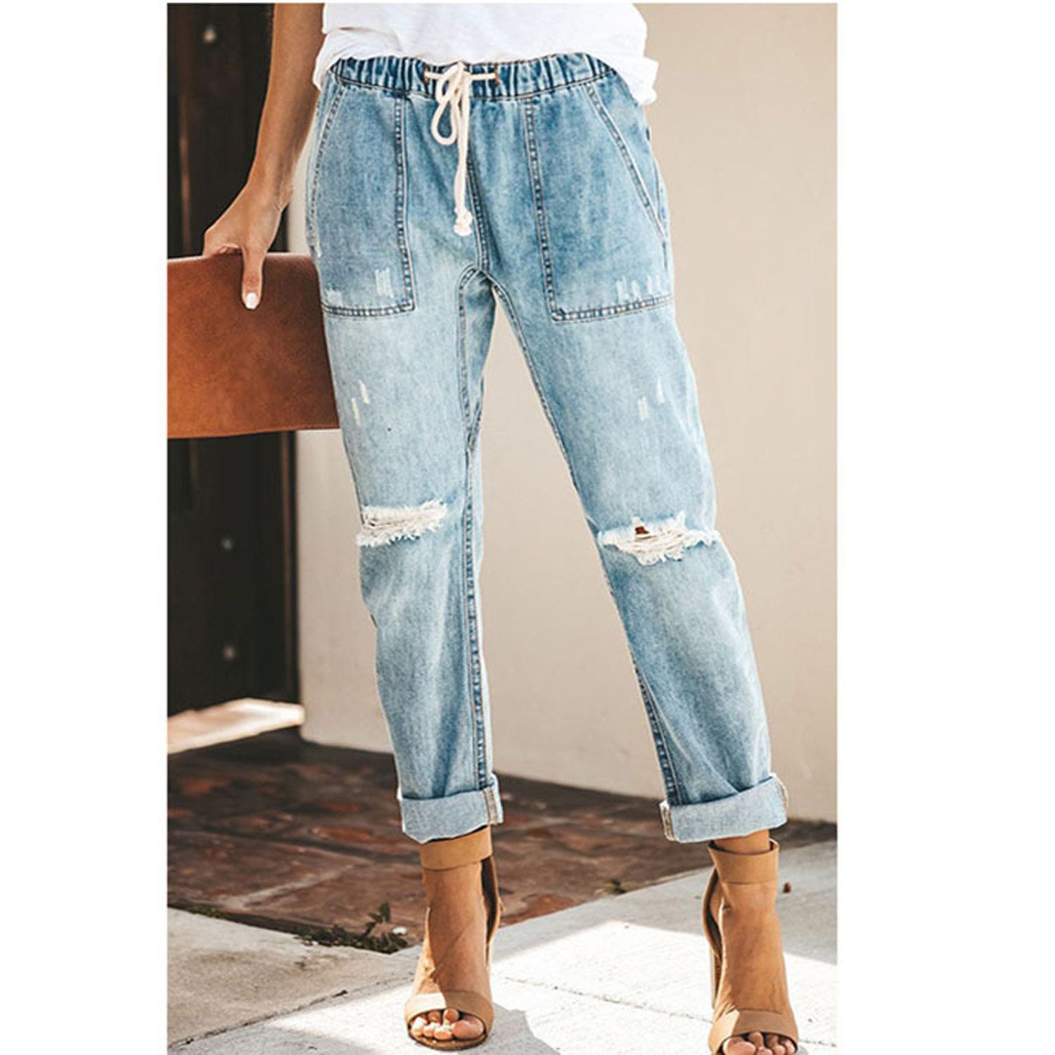 KIKI Destroyed-Jeans Casual High Waist Jeans- Baggy Jeans Women's Knee Ripped Jeans