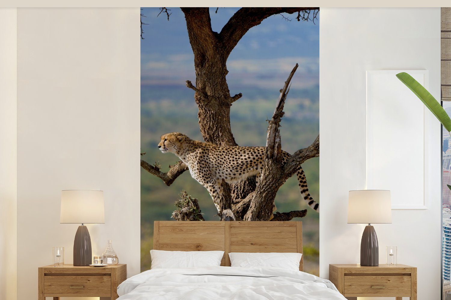 MuchoWow Fototapete Leopard - Baum - Tier, Matt, bedruckt, (2 St), Vliestapete für Wohnzimmer Schlafzimmer Küche, Fototapete