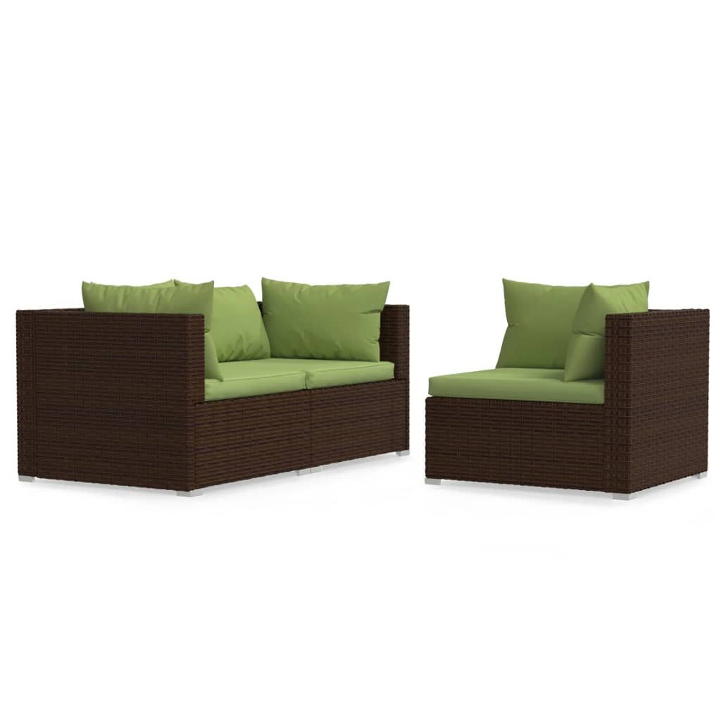 vidaXL Sofaelement 3-tlg. Garten-Lounge-Set mit Kissen Braun Poly Rattan (1 St)