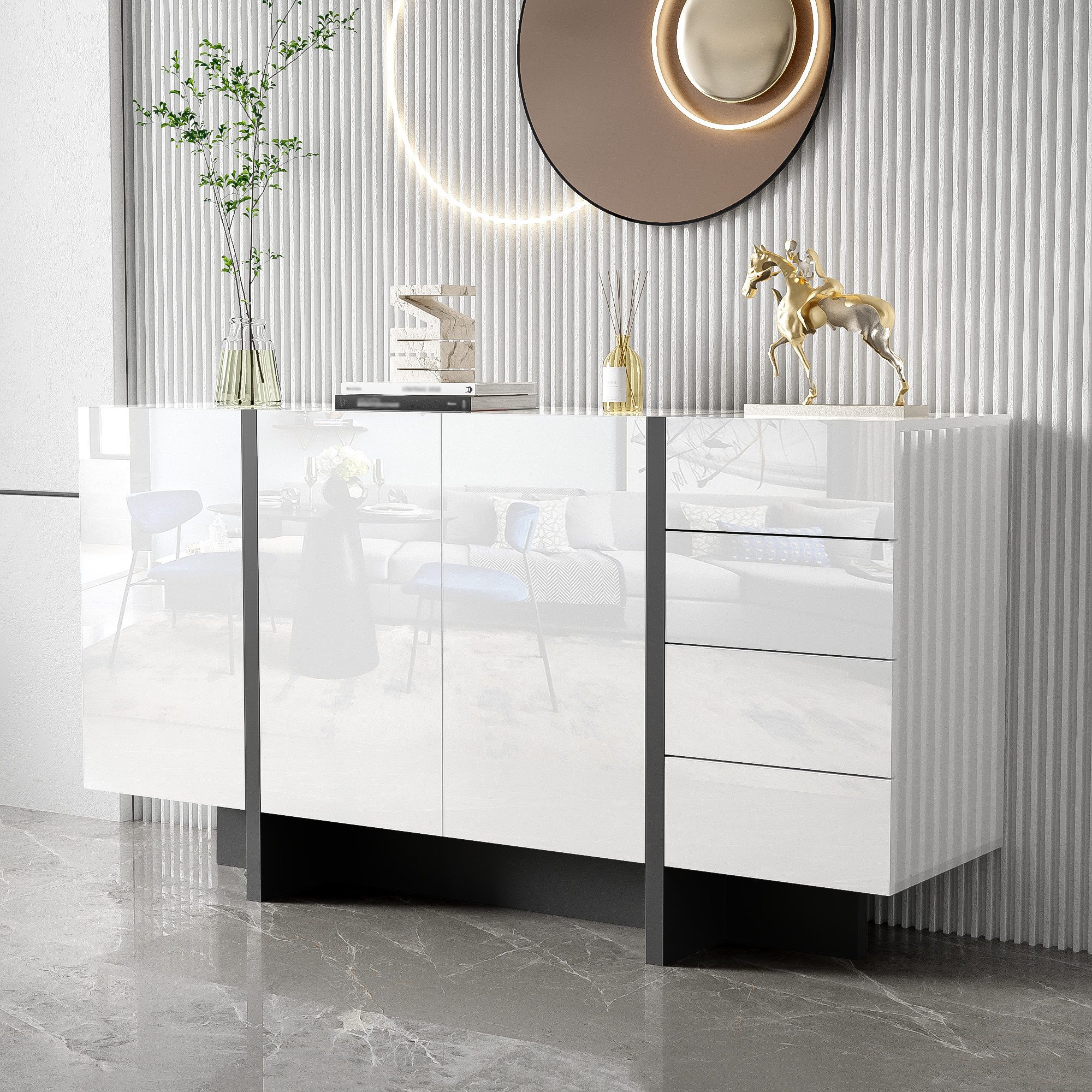 IDEASY Sideboard Hochglanz Sideboard, Türkommoden, Modern Minimalist Anrichte, 150 x 40 x 80,5 cm, 2 Türen, 4 Schubladen, leicht zu reinigen