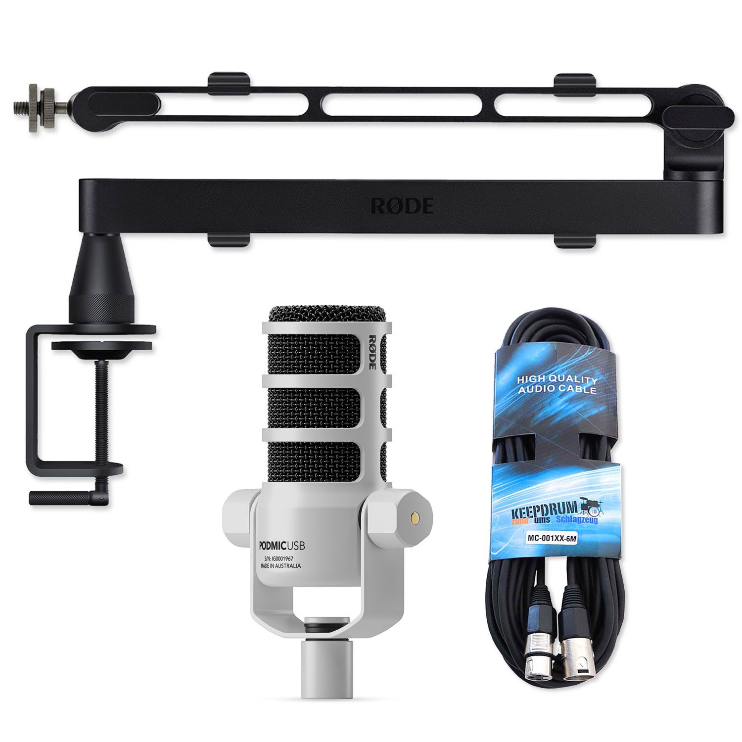 RØDE Mikrofon Rode Mikrofon Podmic USB Weiss mit Mikrofonarm LPA1 und Kabel (Vorteils-Set mit Mikrofonarm LPA1 und Kabel, 1-tlg), Mikrofon