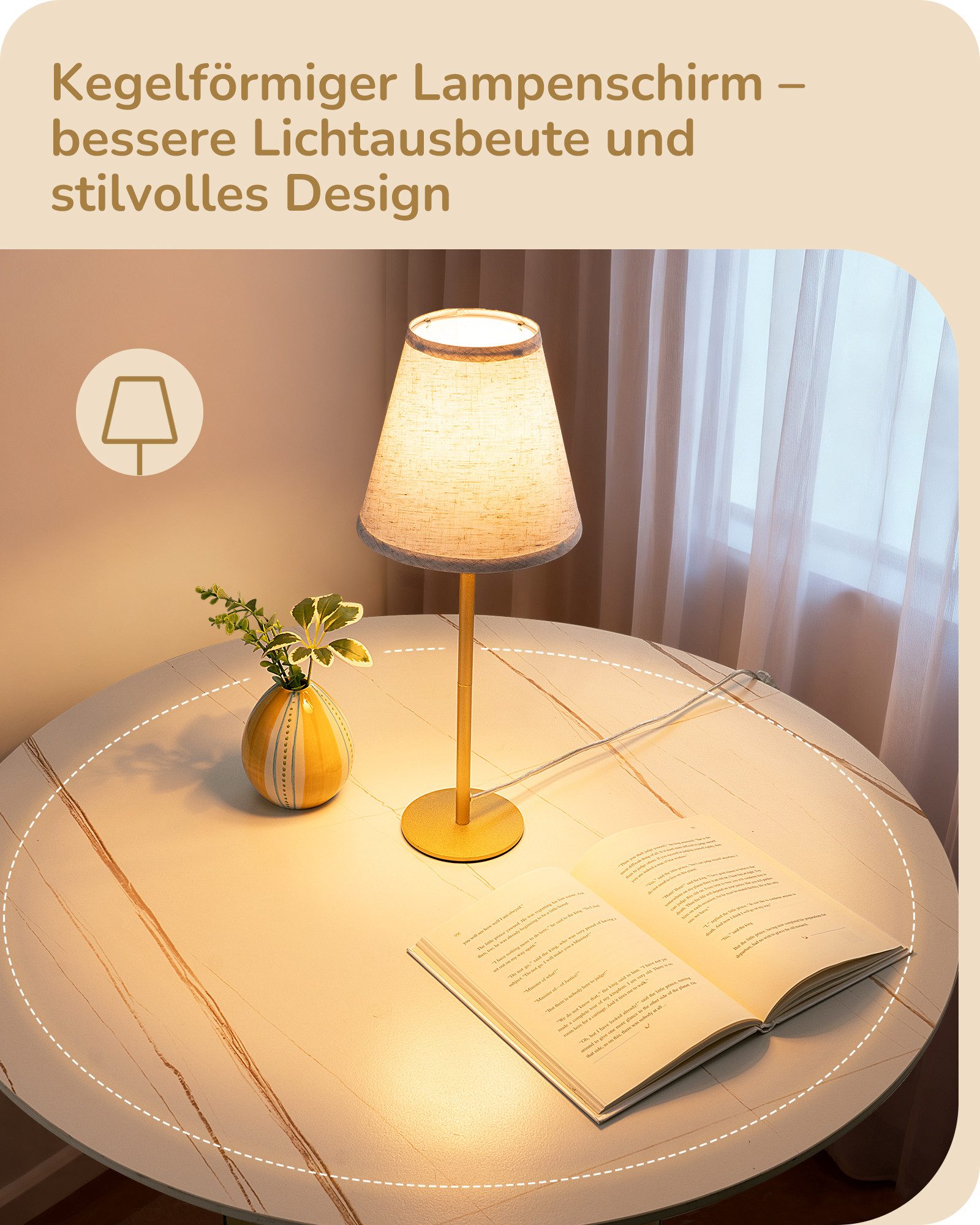 EDISHINE Nachttischlampe EDISHINE LED Nachttischlampen 2er-Set, Leinenschirm, 2700K Warmweiß, LED wechselbar, Tageslichtweiß, Tischlampe aus Metall, E27 Fassung – Bild 4 von 5
