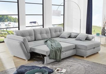 Ecksofa JENGEN, B 297 cm x T 207 cm, Hellgrau, Webstoffbezug, Schlaffunktion, Bettkasten, mit Kissen