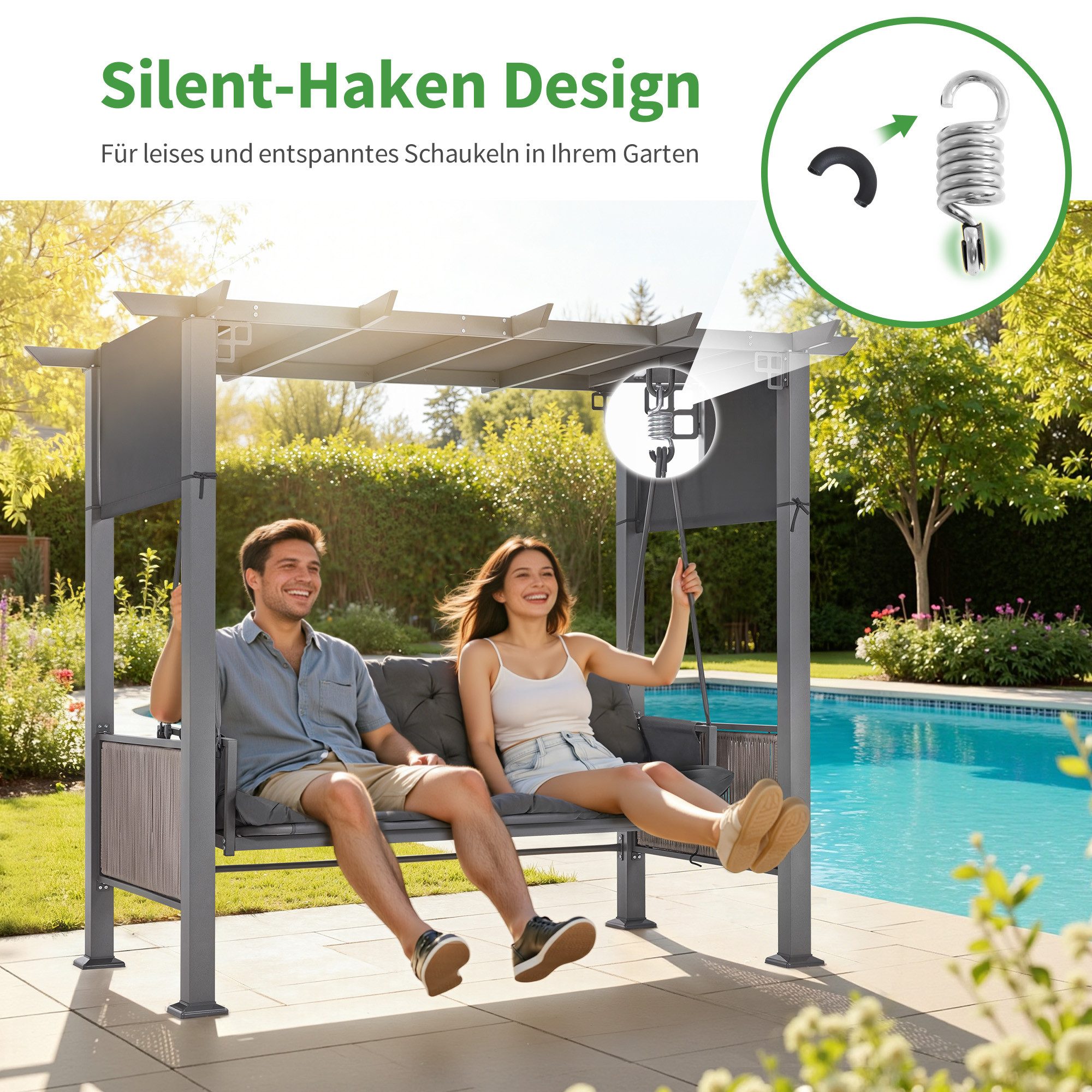 MCombo Hollywoodschaukel M MCombo Pergola Hollywoodschaukel mit Liegefunktion 4067, 3-Sitzer, Gartenpavillon, mit Ausziehbarem Sonnendach, Extradickem Sitzkisse – Bild 4 von 5