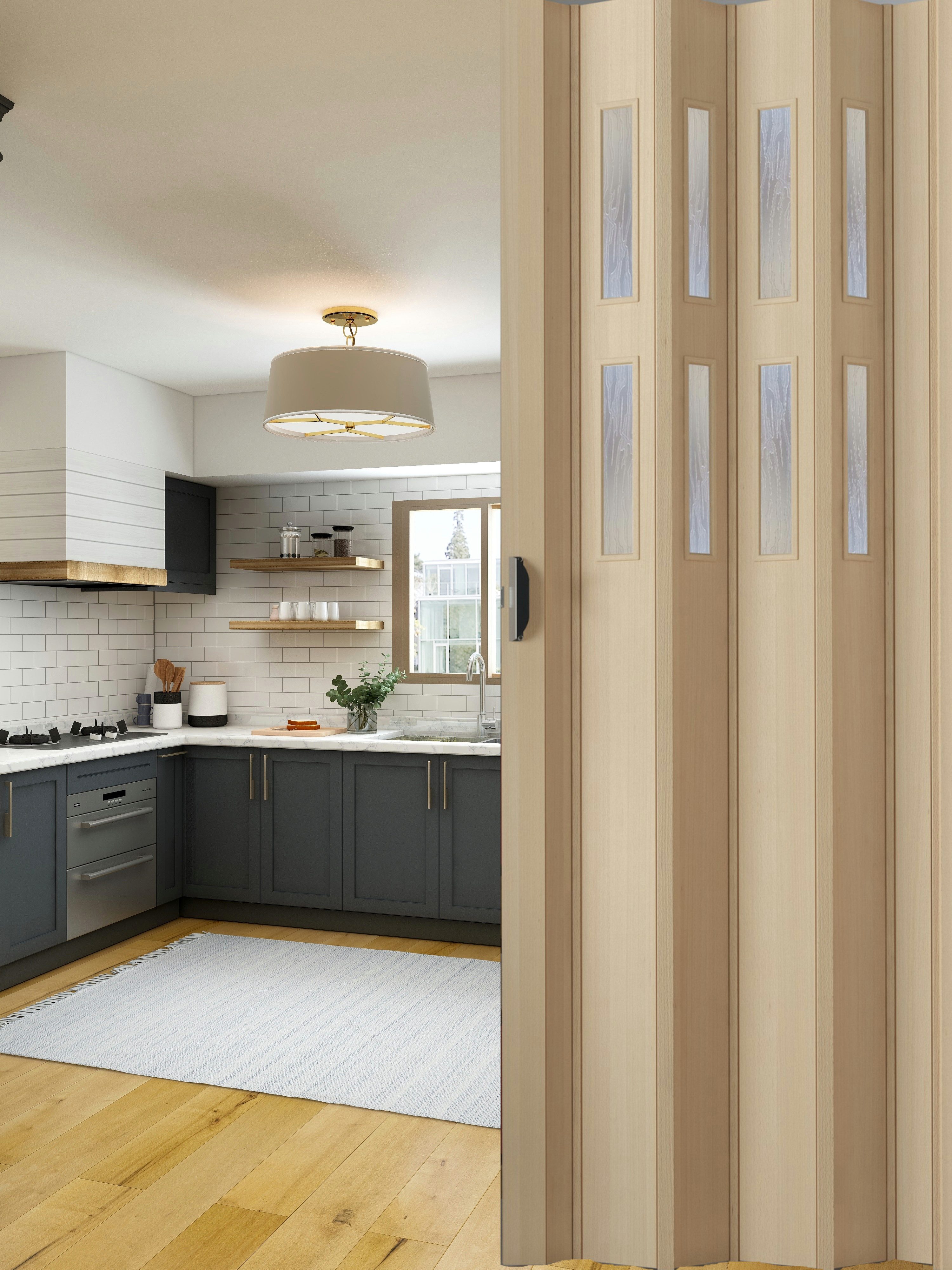 Thumbnail - Forte Falttür Falttür Schiebetür Nischentür B 88,5x H 202 cm Esche Holz 3D 2 Fenster (1 Stück), abwaschbar und für Naßrä...