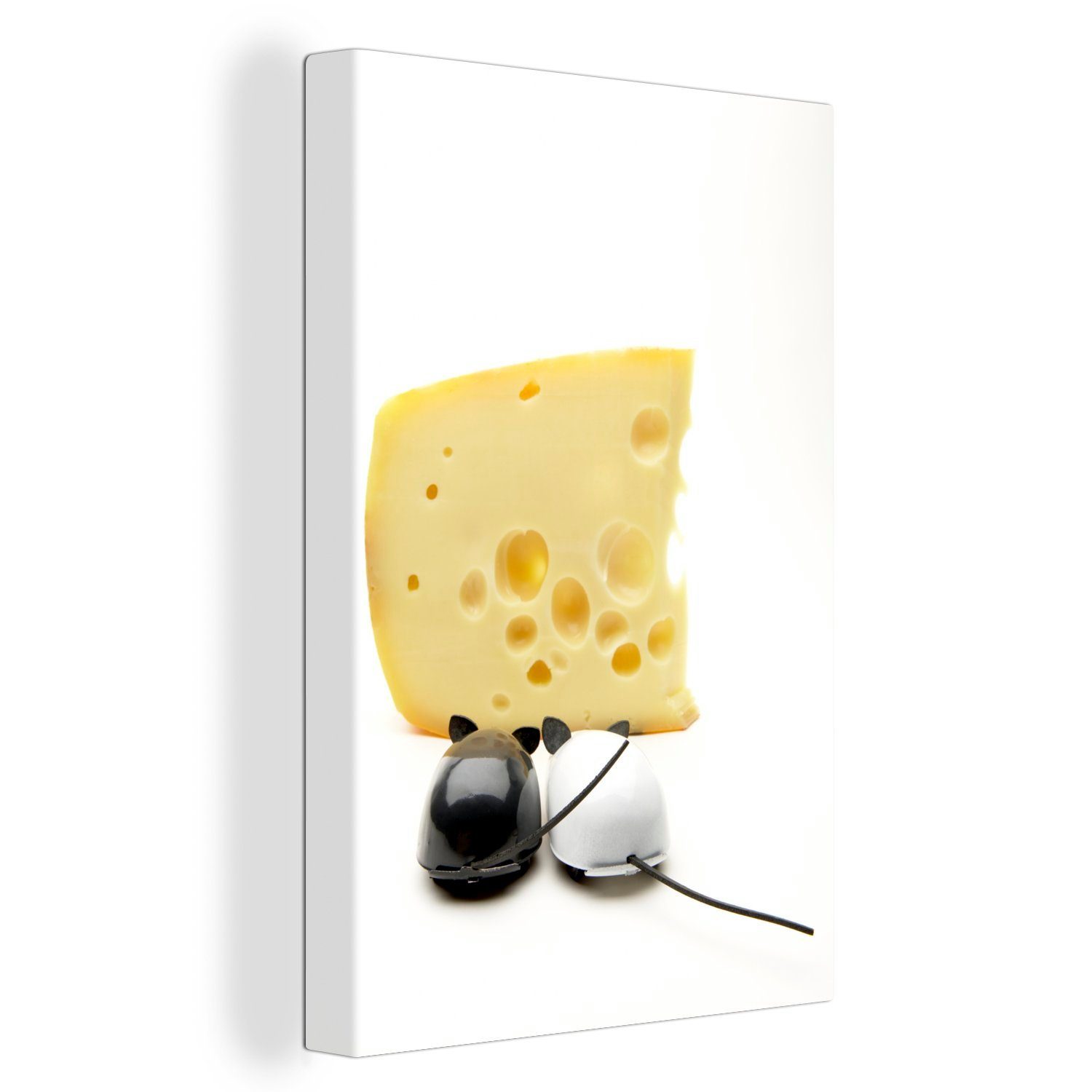 OneMillionCanvasses® Leinwandbild Stück Schweizer Käse mit zwei Mäusen, (1 St), Leinwandbild fertig bespannt inkl. Zackenaufhänger, Gemälde, 20x30 cm