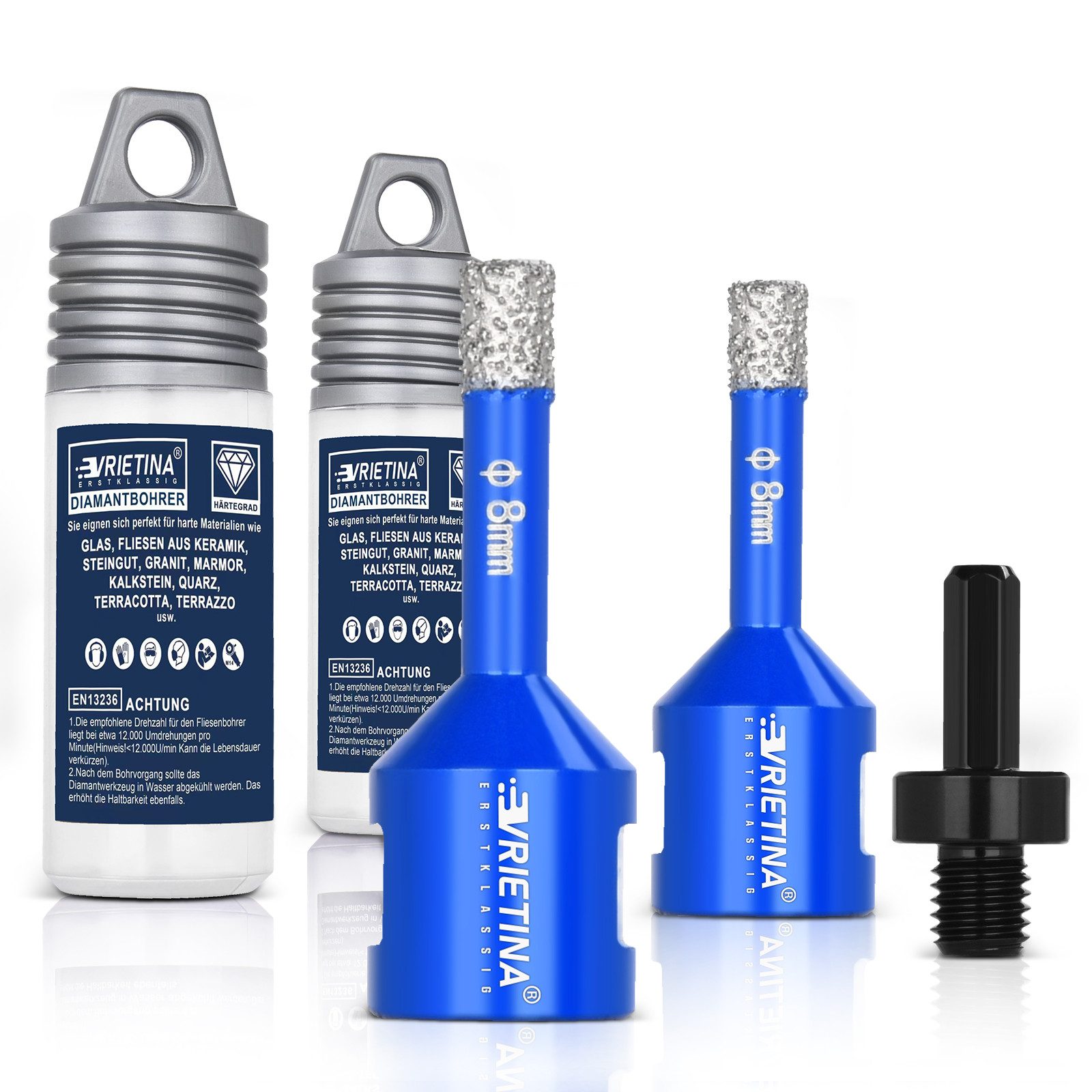 XERSEK Bohrkrone 2x 8mm+M14 HEX Adapter Diamant Fliesenbohrer Diamantbohrer Glasbohrer, Ø 8 mm, Nass- / Trocken Bohrkrone für Winkelschleifer, Diamant Lochsäge