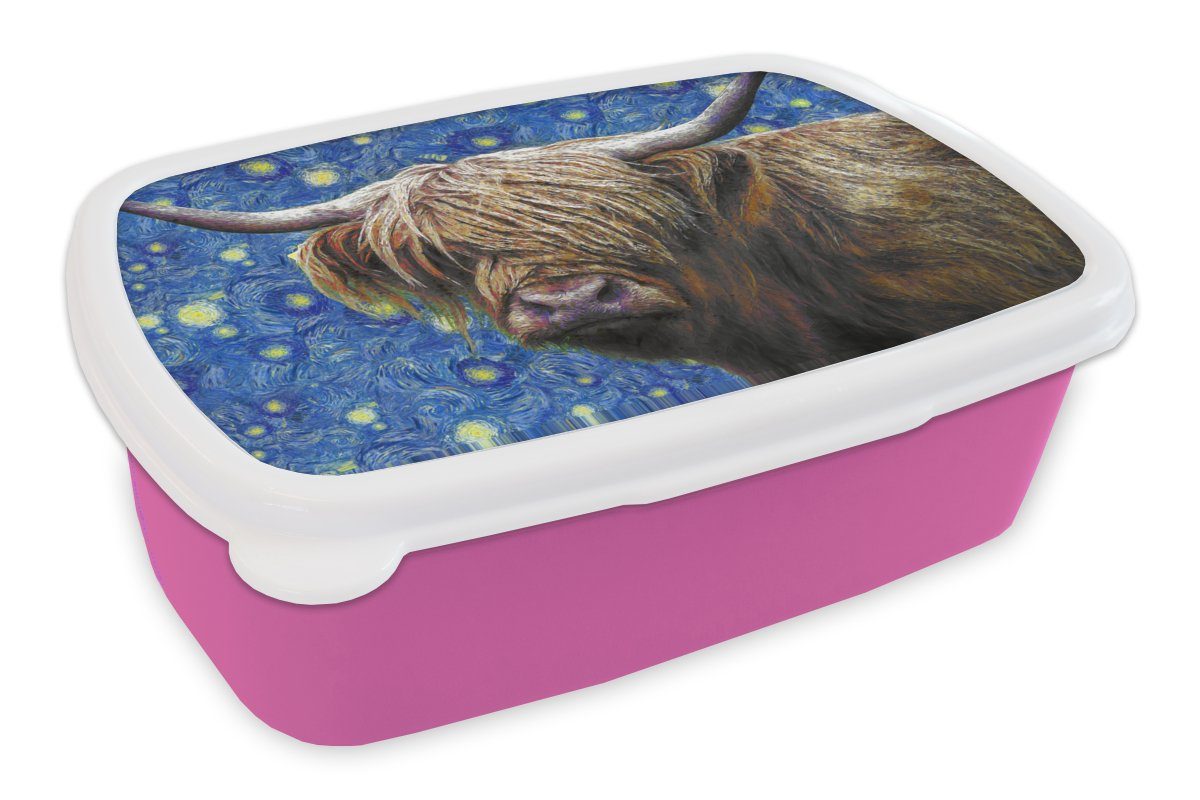 MuchoWow Lunchbox Scottish Highlander - Sternennacht - Van Gogh, Kunststoff, (2-tlg), Brotbox für Erwachsene, Brotdose Kinder, Snackbox, Mädchen, Kunststoff rosa