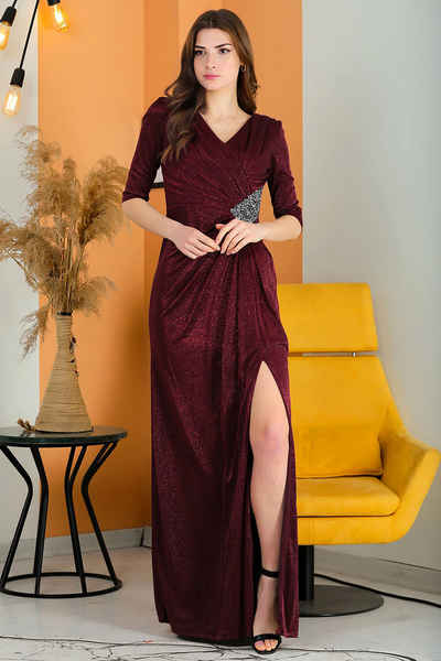 Modabout Abendkleid NYELB0553D9800BRD Weinrotes langesAbendkleid mit VAusschnitt für Damen (1-tlg)