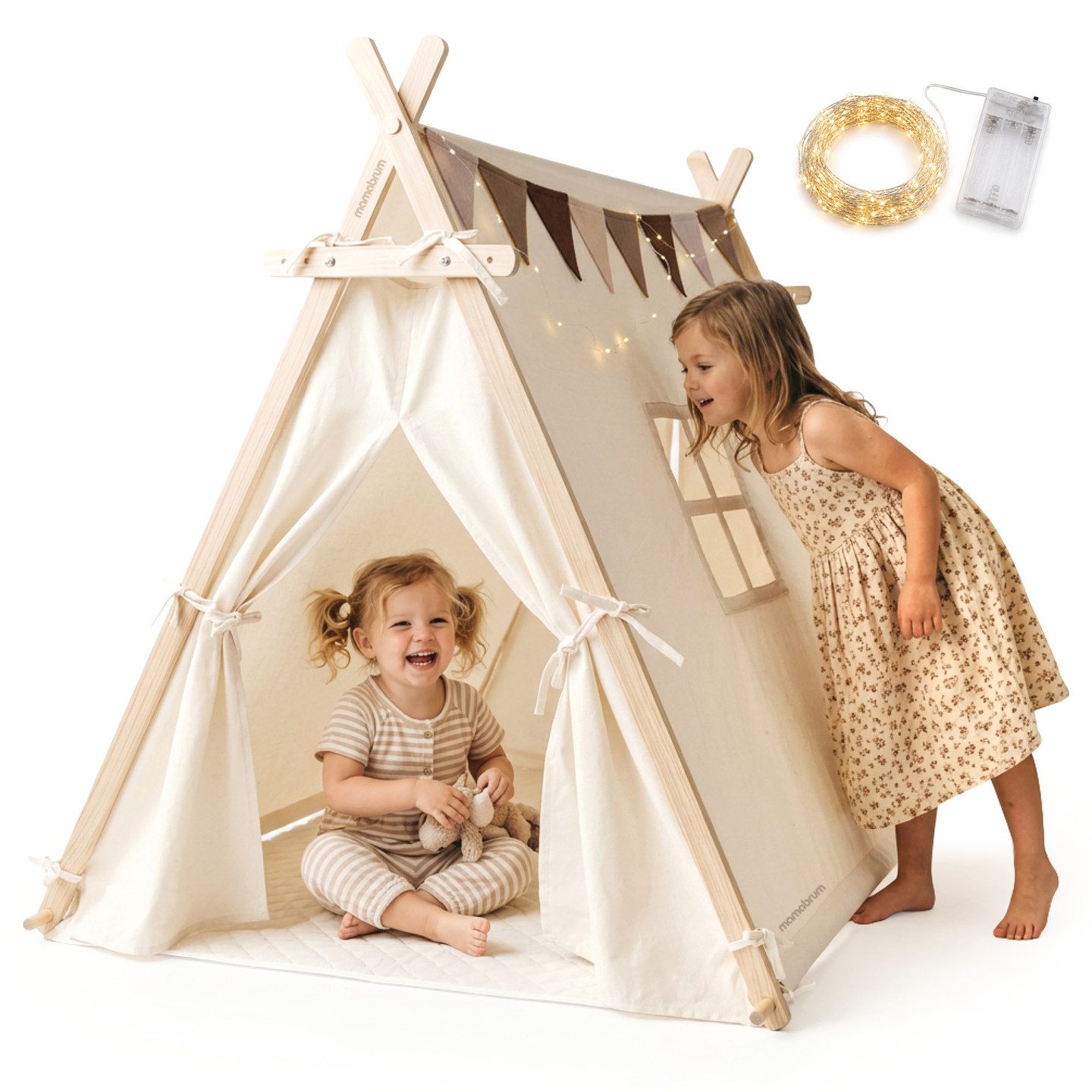 Mamabrum Spielzelt Mamabrum Tipi Zelt für Kinder mit Matte, LED-Lichterkette & Wimpel