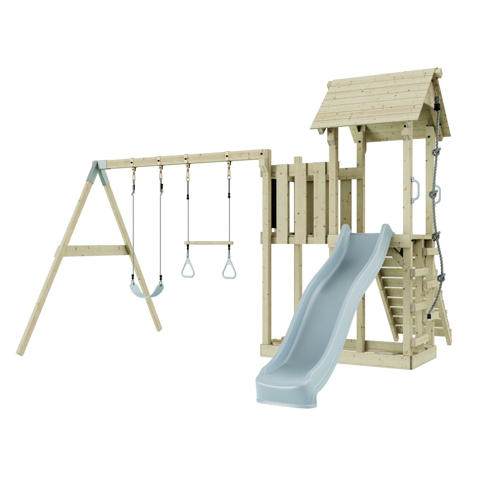 OutdoorToys Spielturm Uppsala aus Holz in Eisblau mit Trapezstange & Rutsche, aus Holz in Eisblau mit Trapezstange & Rutsche