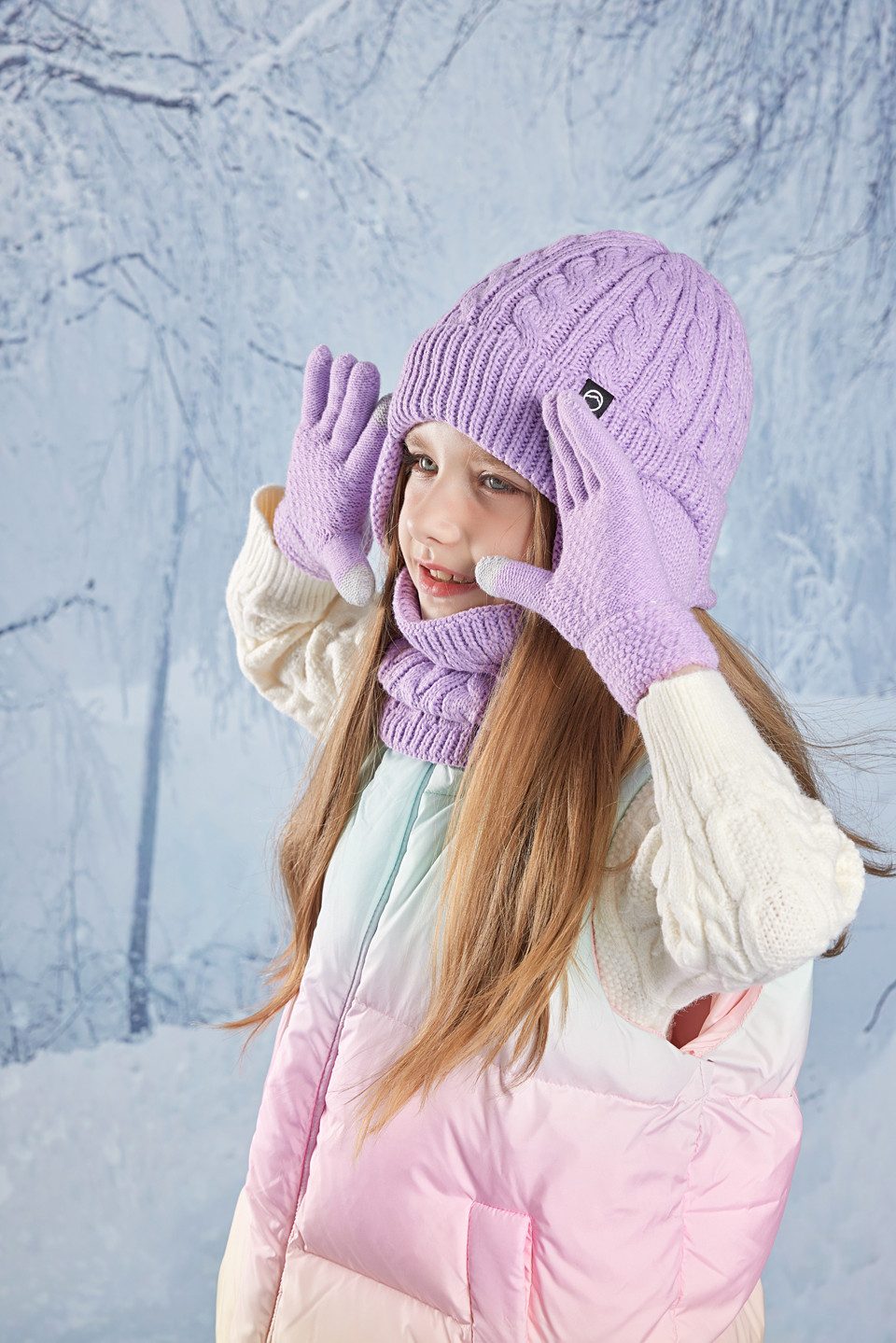 Coonoor Mütze & Schal Kinder-Wintermütze, Schal und Handschuhe, warme Thermo-Strickmütze (mit Ohrenschützern), Halswärmer, Touchscreen-Handschuh