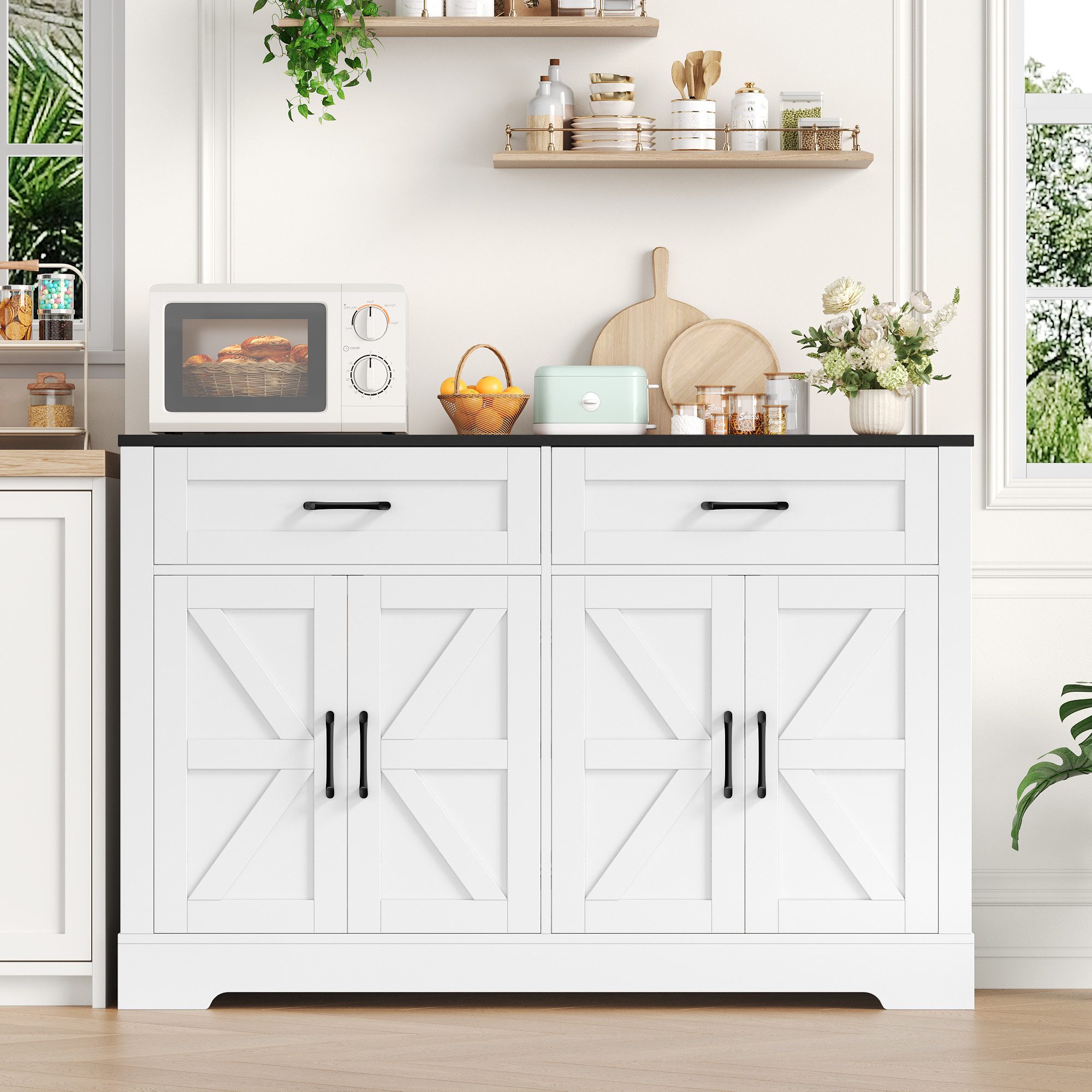HOMECHO Buffet 120cm Küchenschrank mit 2 Schubladen 4 Türen