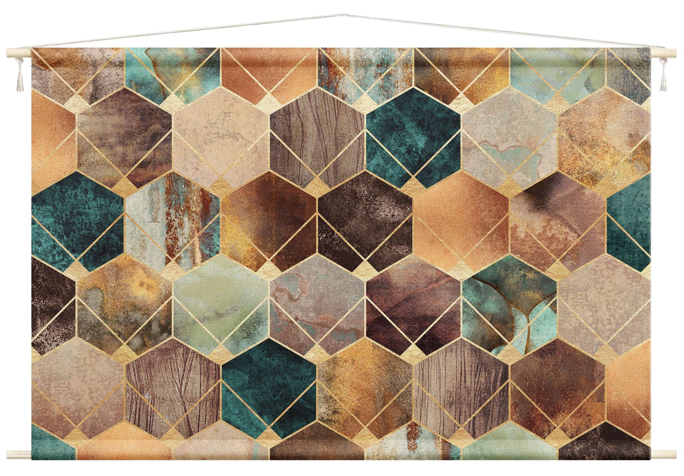 Bilderdepot24 Wandteppich modern Muster Abstrakt Aquarell Geometrisch gold, rechteckig, Höhe: 2.6 mm, großes Wandbild aus Natur-Baumwolle Wandbehang Stoffbild Tuch Wollseil