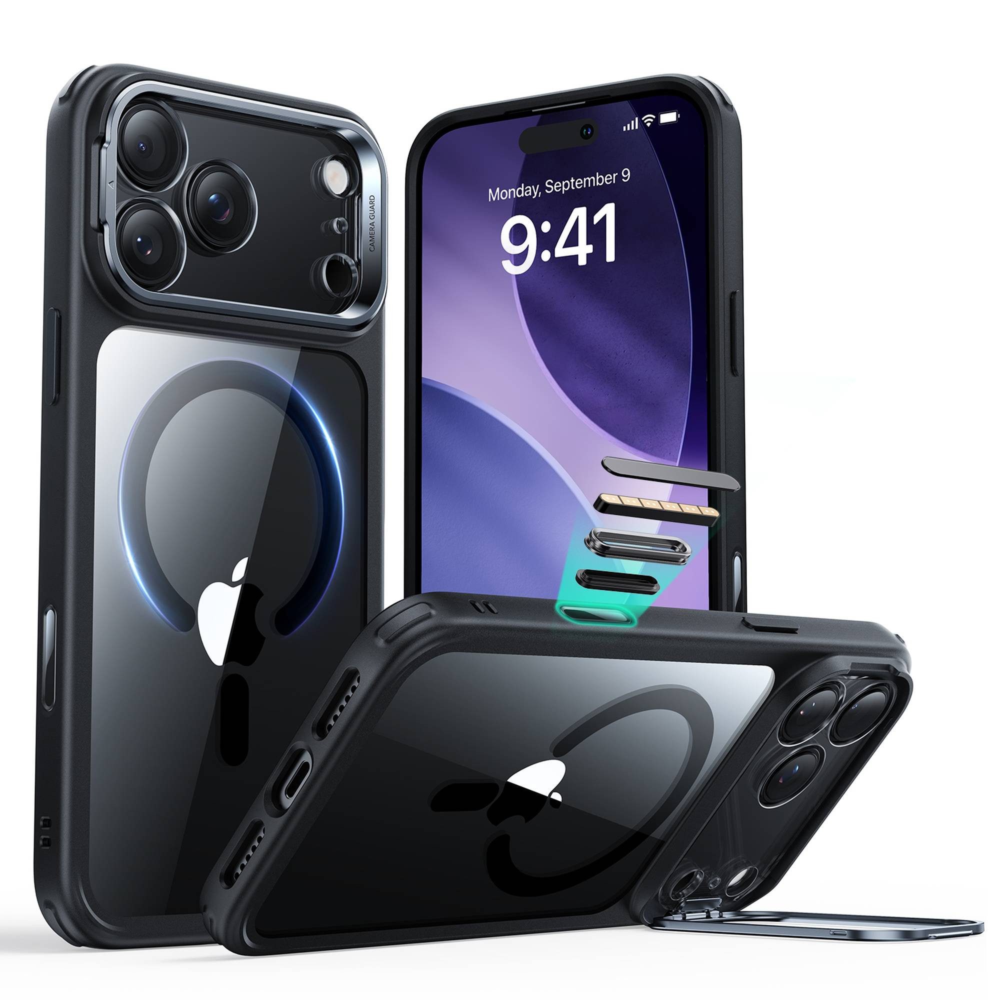 ESR Handyhülle Classic Hybrid HaloLock für iPhone 17 Pro, Kamerasteuerung Taste, Stash Stand, 3 Modi Ständer