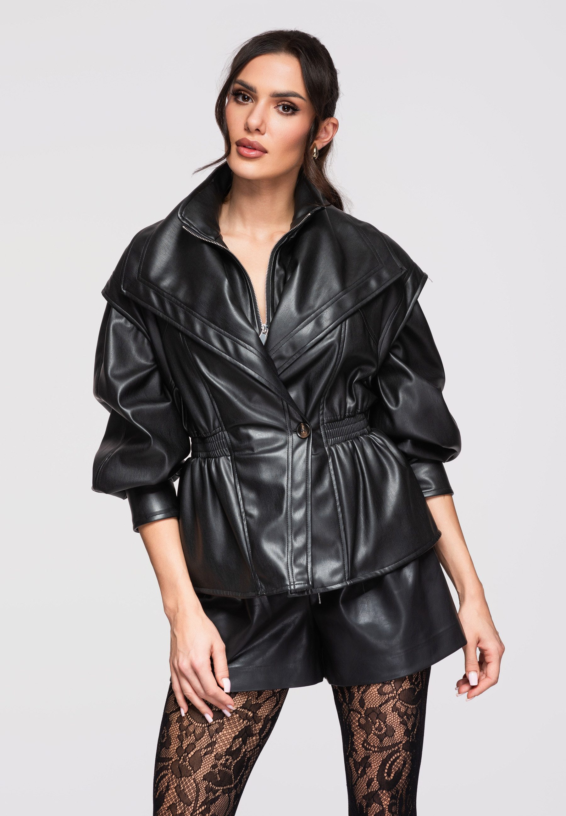 OMBRE Lederimitatjacke Damenjacke mit ausgestelltem Schnitt und hohem Stehkragen