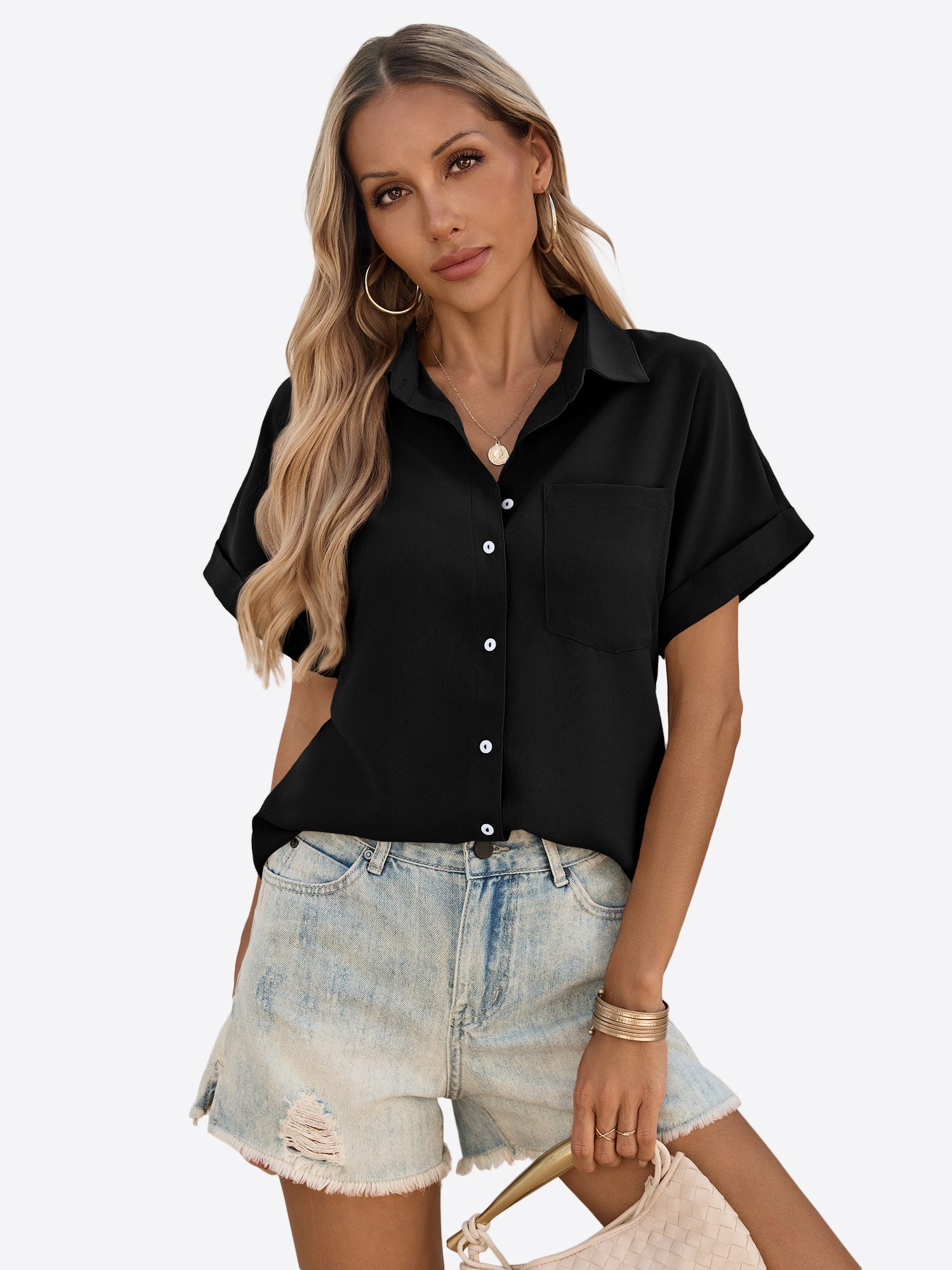 Imily Bela T-Shirt Reverskragen Kurzarmshirt mit Brusttasche (Packung, 1-tlg., 1per-Pack) in Unifarbe