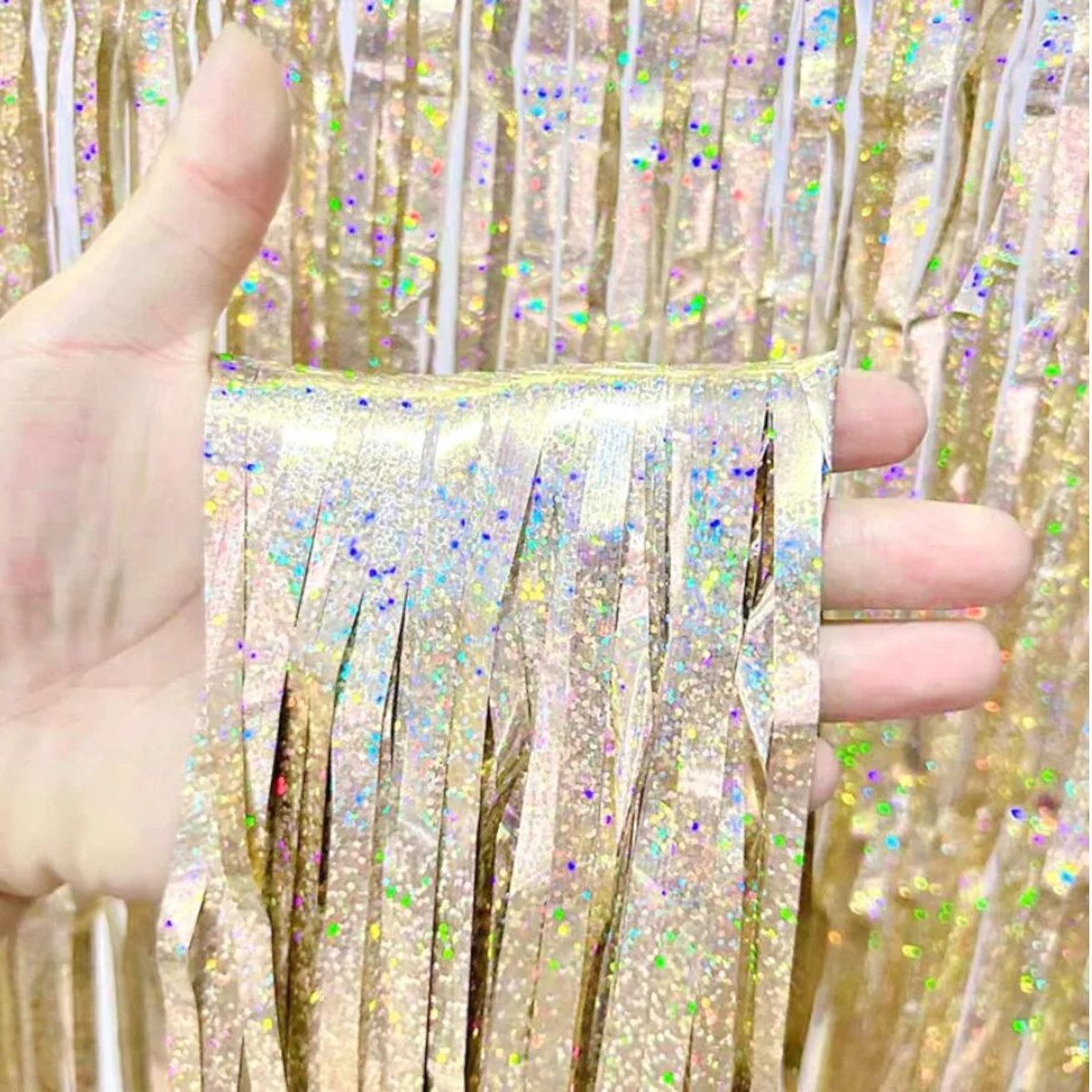 Kopper-24 Türvorhang Lametta Vorhang 2 x 1 m, Champagner gold glitzernd, holographisch Par, Schlaufen, Folie