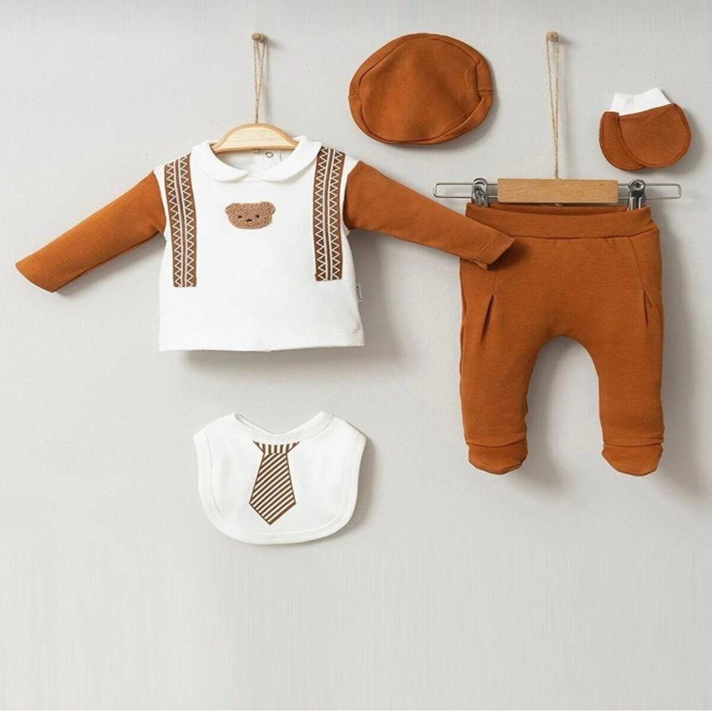 Orangebraun Outfit, 5-teilig Engelbaby (set 5-teiliges Handschuhe Mütze) Lätzchen Neugeborenen-Erstausstattungs Hose komplett Monate Monate 5-tlg., 0-3 Set 0-3 Erstausstattung-Set Neugeborenen 100% Erstausstattungspaket Baumwolle Langarmshirt
