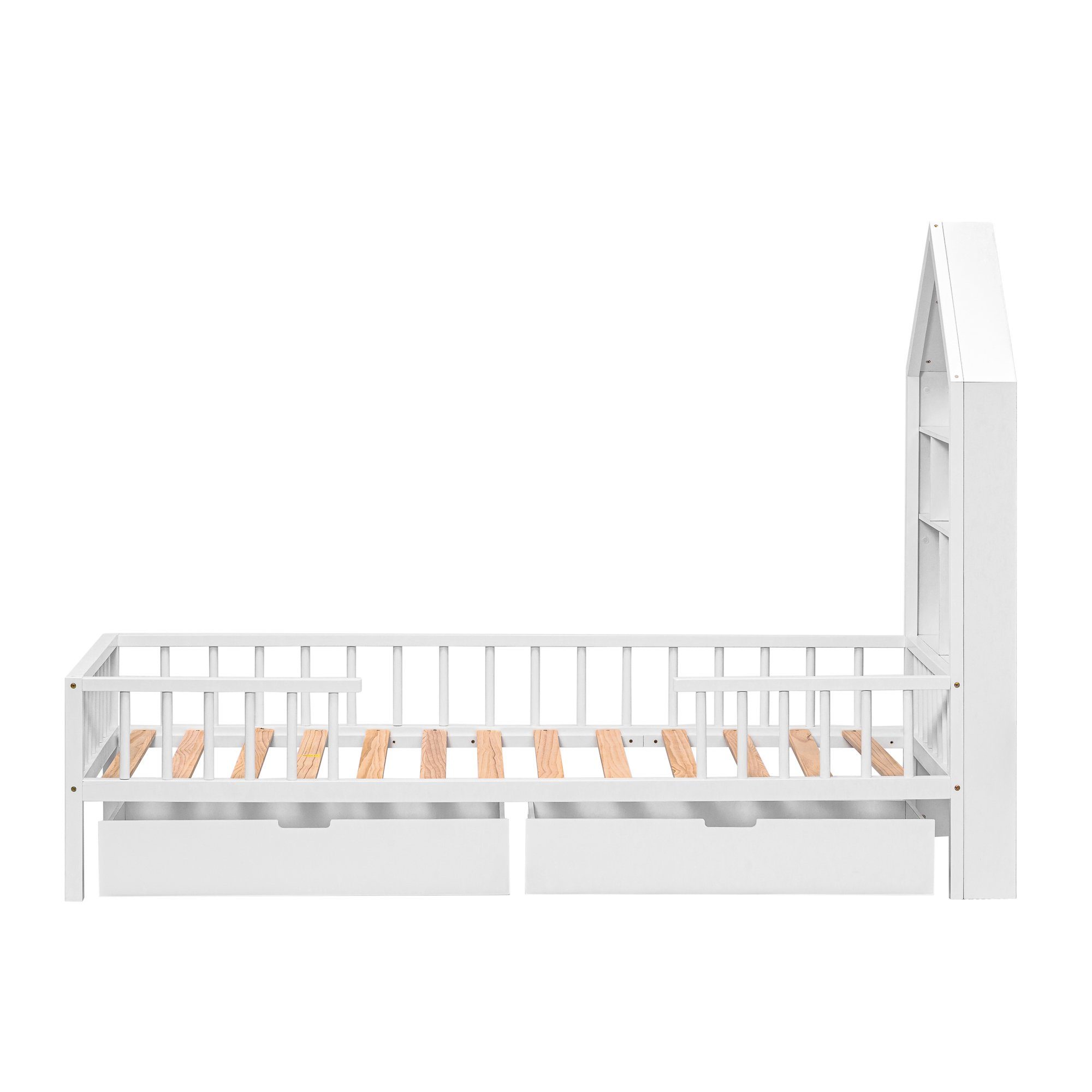 Flieks Kinderbett, Einzelbett mit Weiß Schubladen 90x200cm und Bücherregal