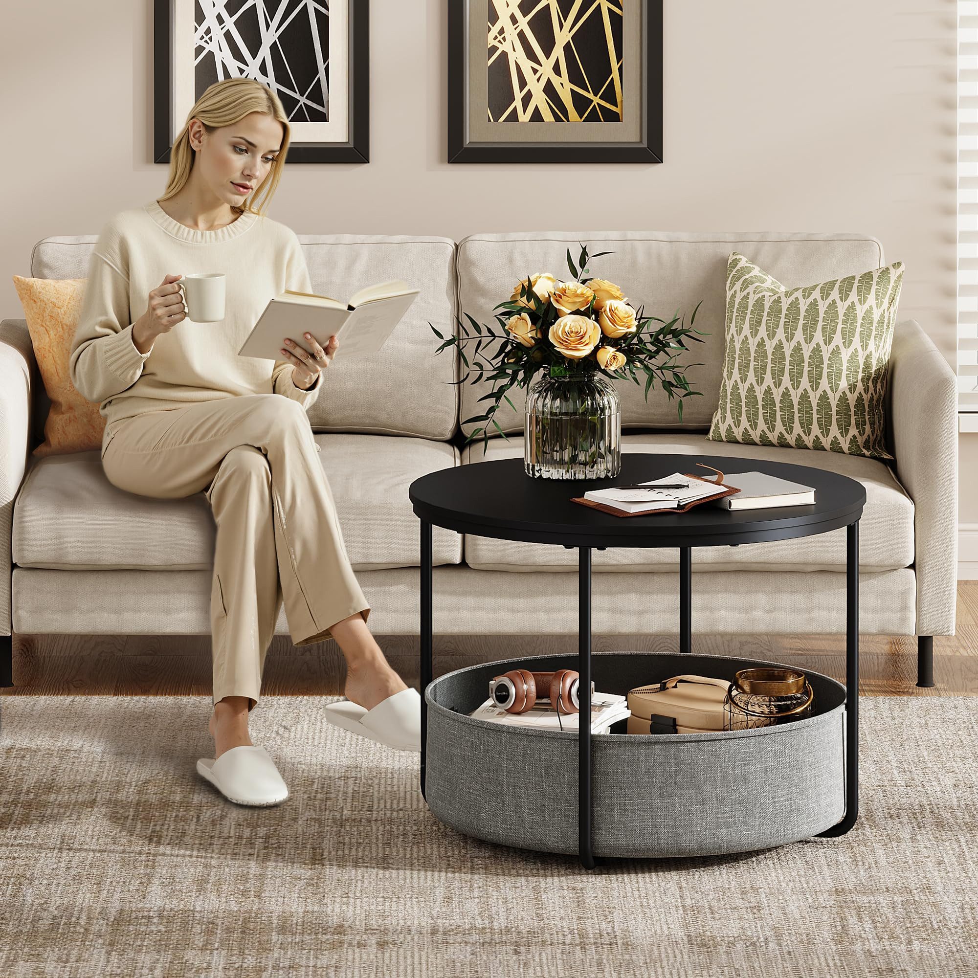 WLIVE Couchtisch rund, Beistelltisch mit Stoffkorb, Aufbewahrung, Weiß matt günstig online kaufen