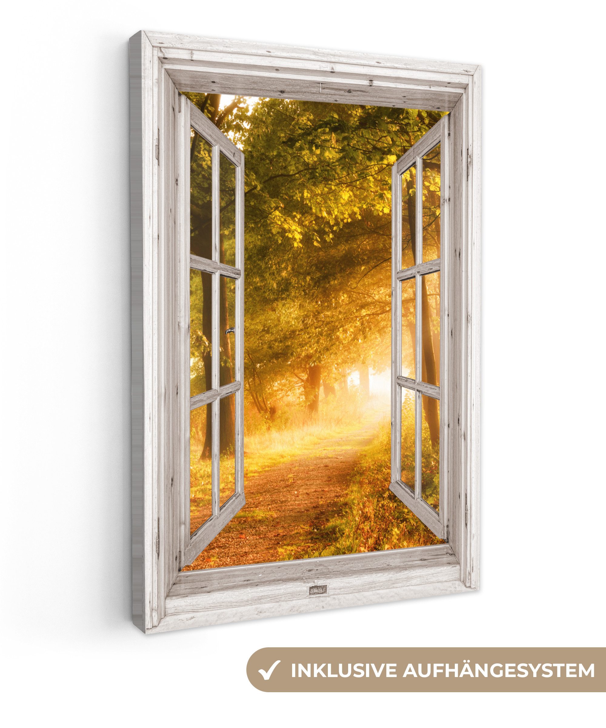 OneMillionCanvasses® Leinwandbild Wald - Bäume - Sonnenlicht - Herbst - Weg - Natur - Fensterblick, Fotodruck (1 St), Leinwand Canvas Wandbild, Wanddekoration 20x30 cm