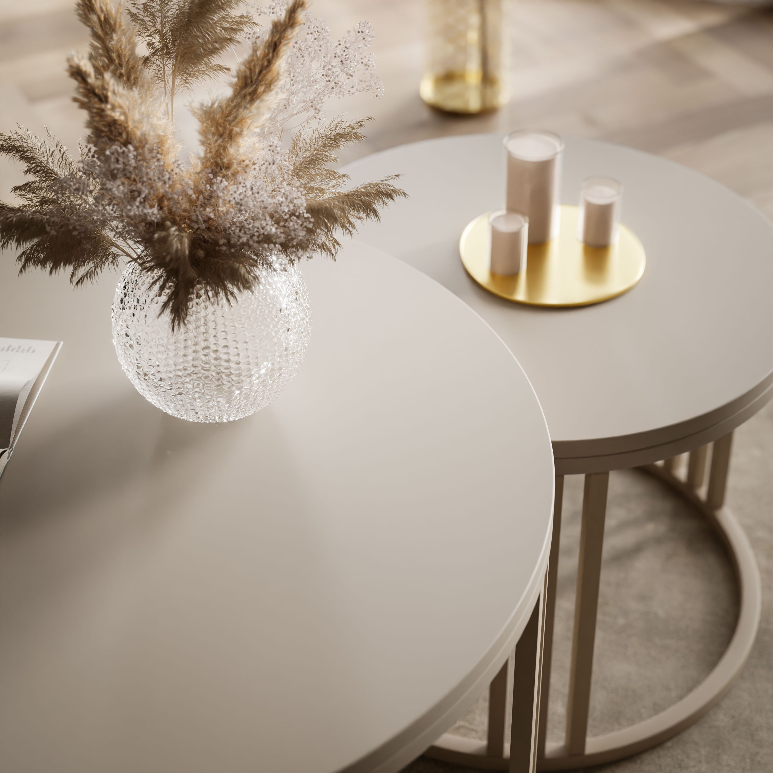 Lookway Couchtisch LORI 2in1 MATT, runder Couchtisch mit kaschmirfarbenem Gestell (2er Set), Durchmesser: ⌀70 cm und ⌀50 cm